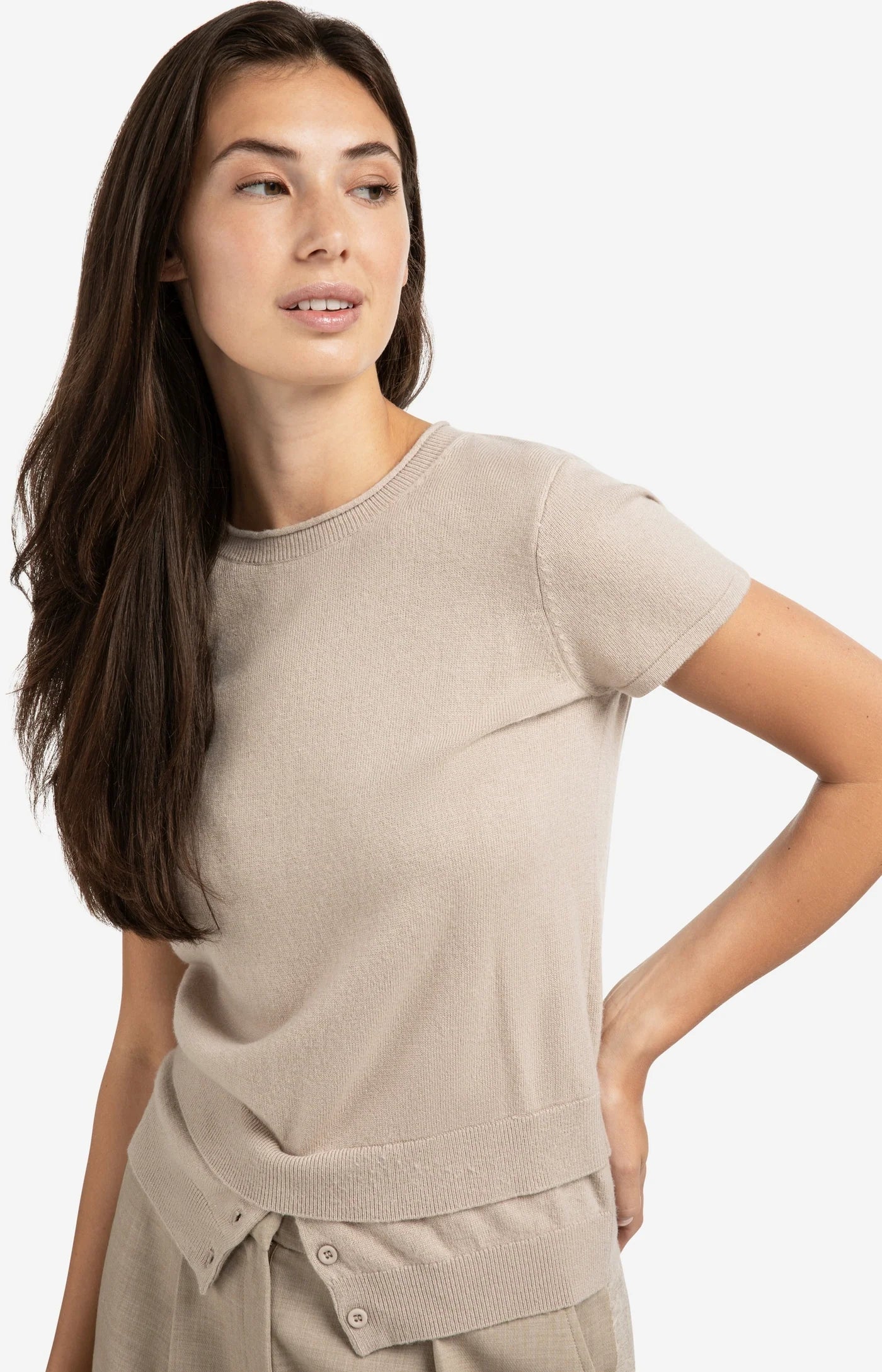 Short Sleeve Knitted Top in Sand Melange