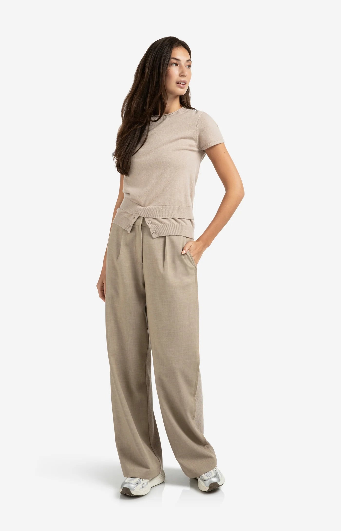 Short Sleeve Knitted Top in Sand Melange