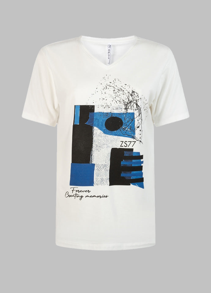 Lindsy Print T-Shirt in White / Strong Blue