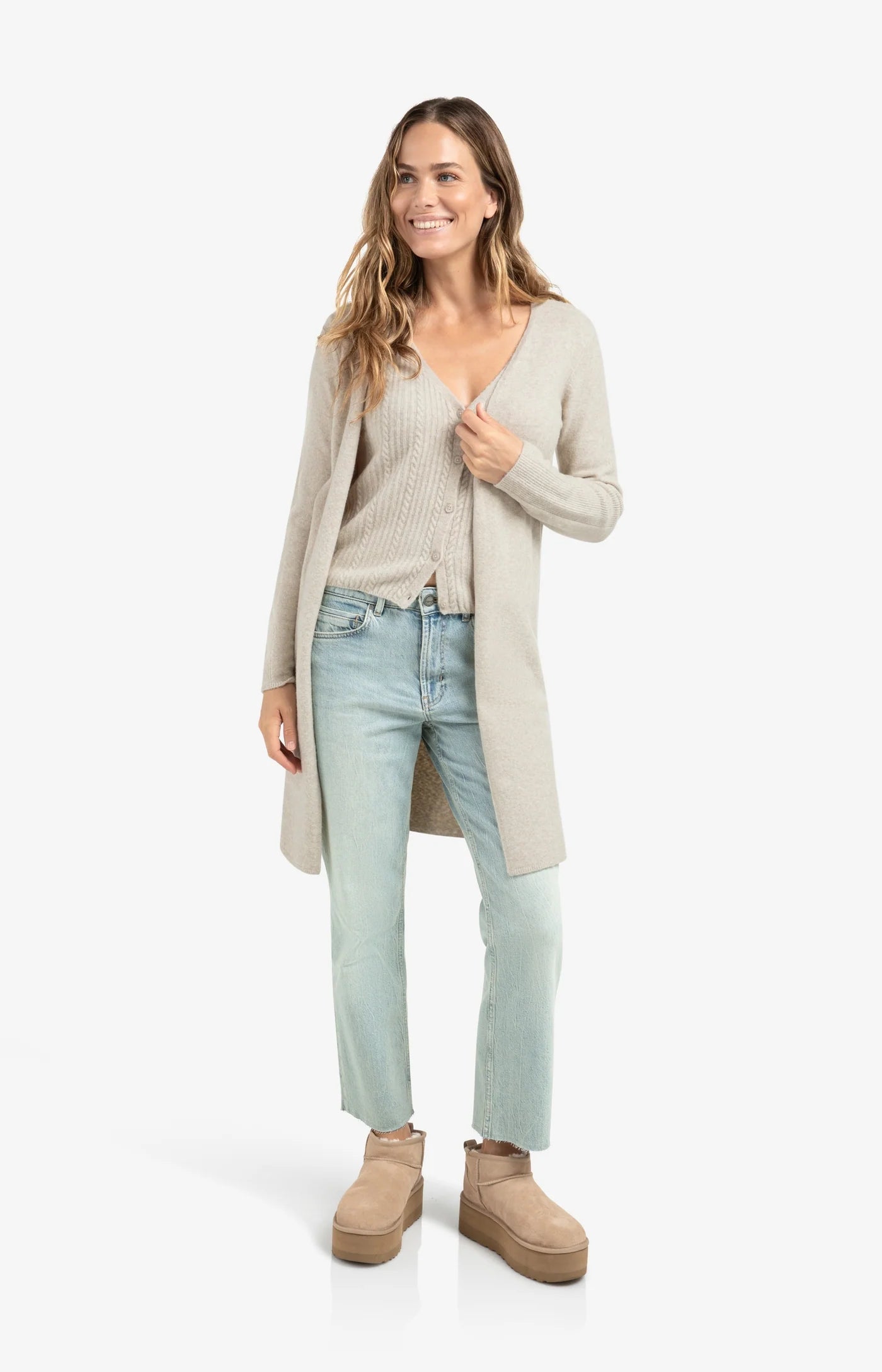 Long Cardigan with Gilet in Cloud Grey Melange