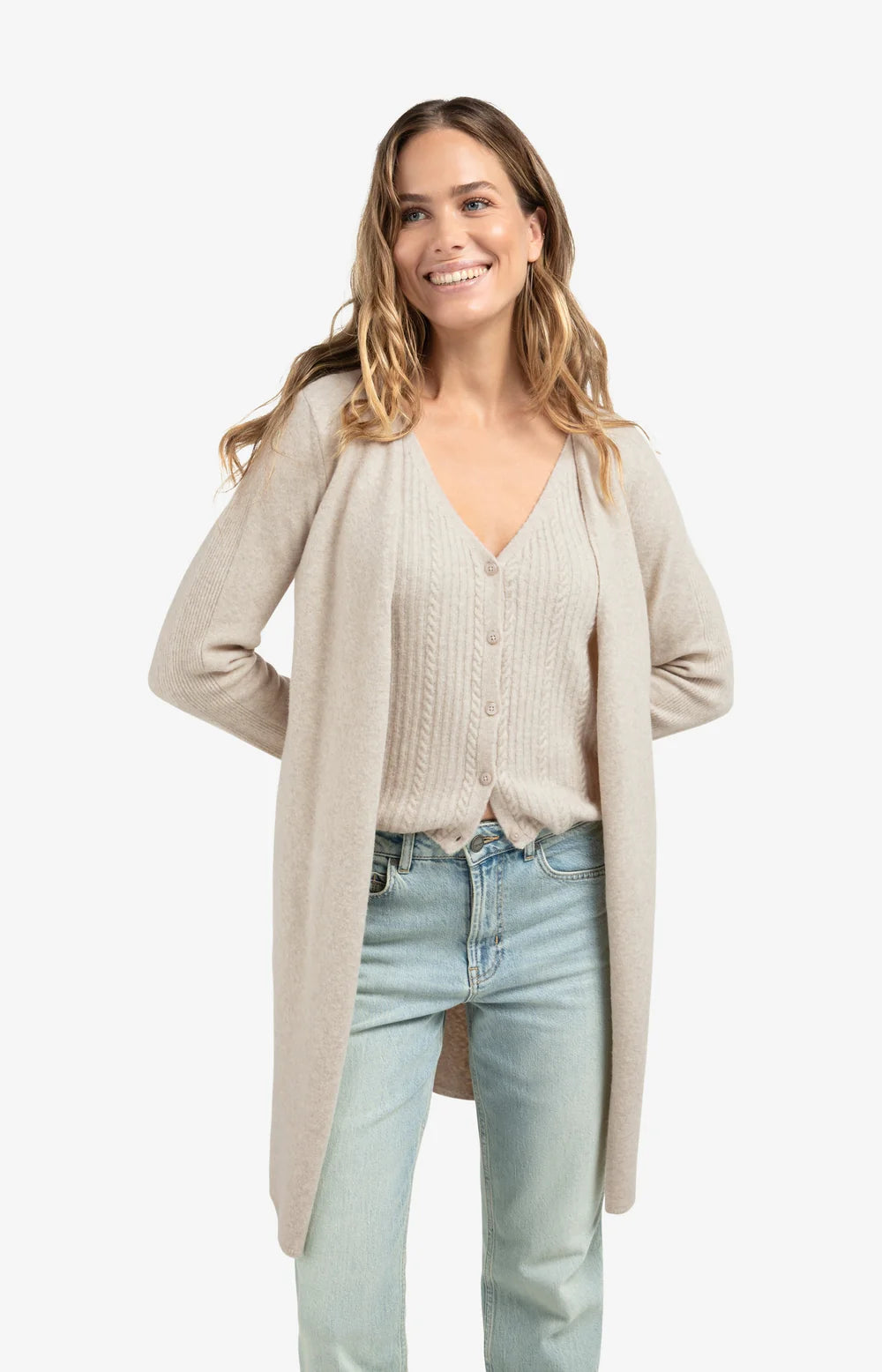 Long Cardigan with Gilet in Cloud Grey Melange