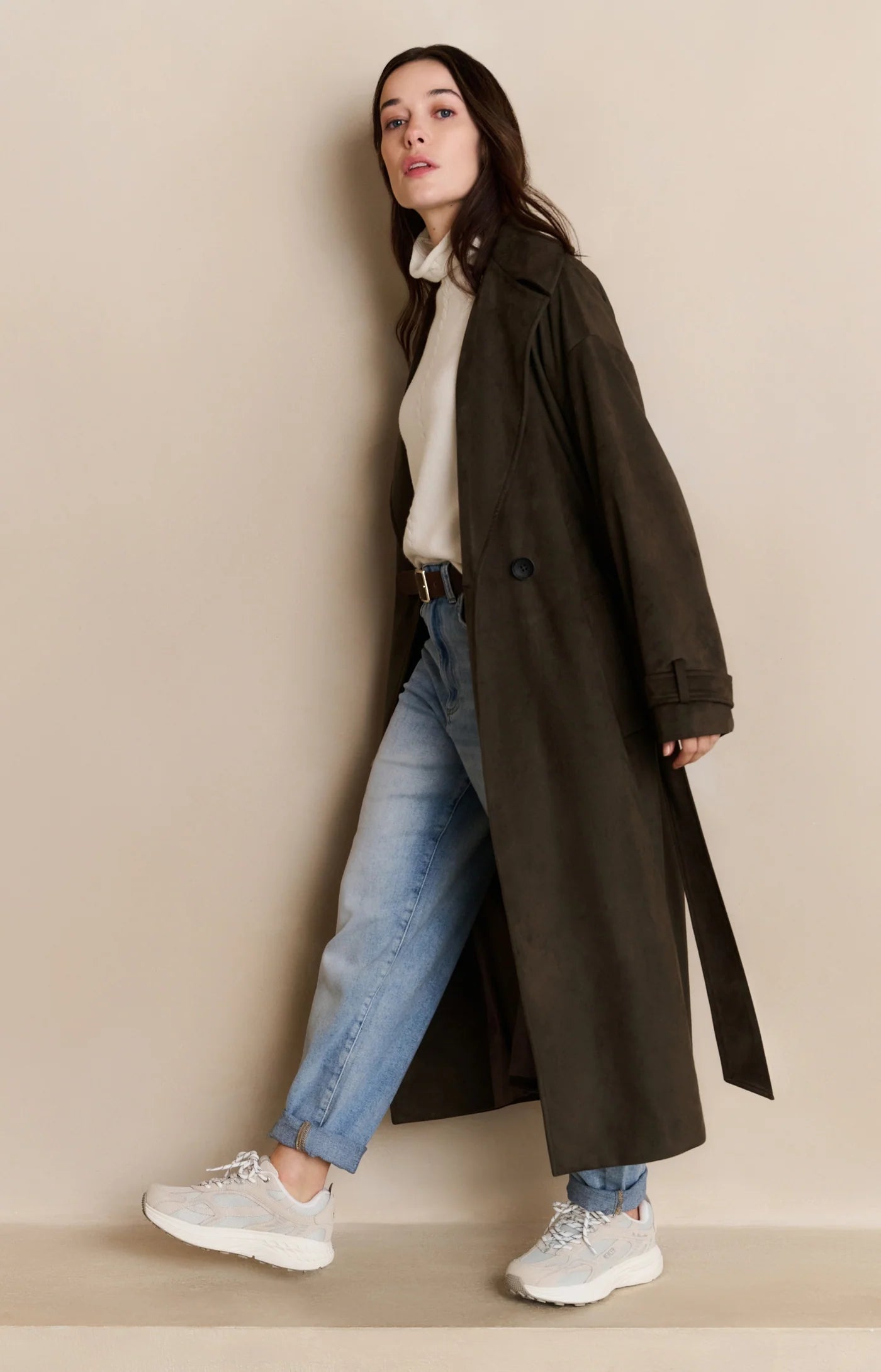 Long Suedine Coat with Belt in Brown