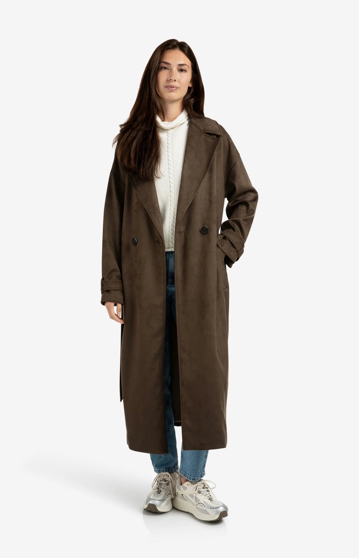 Long Suedine Coat with Belt in Brown