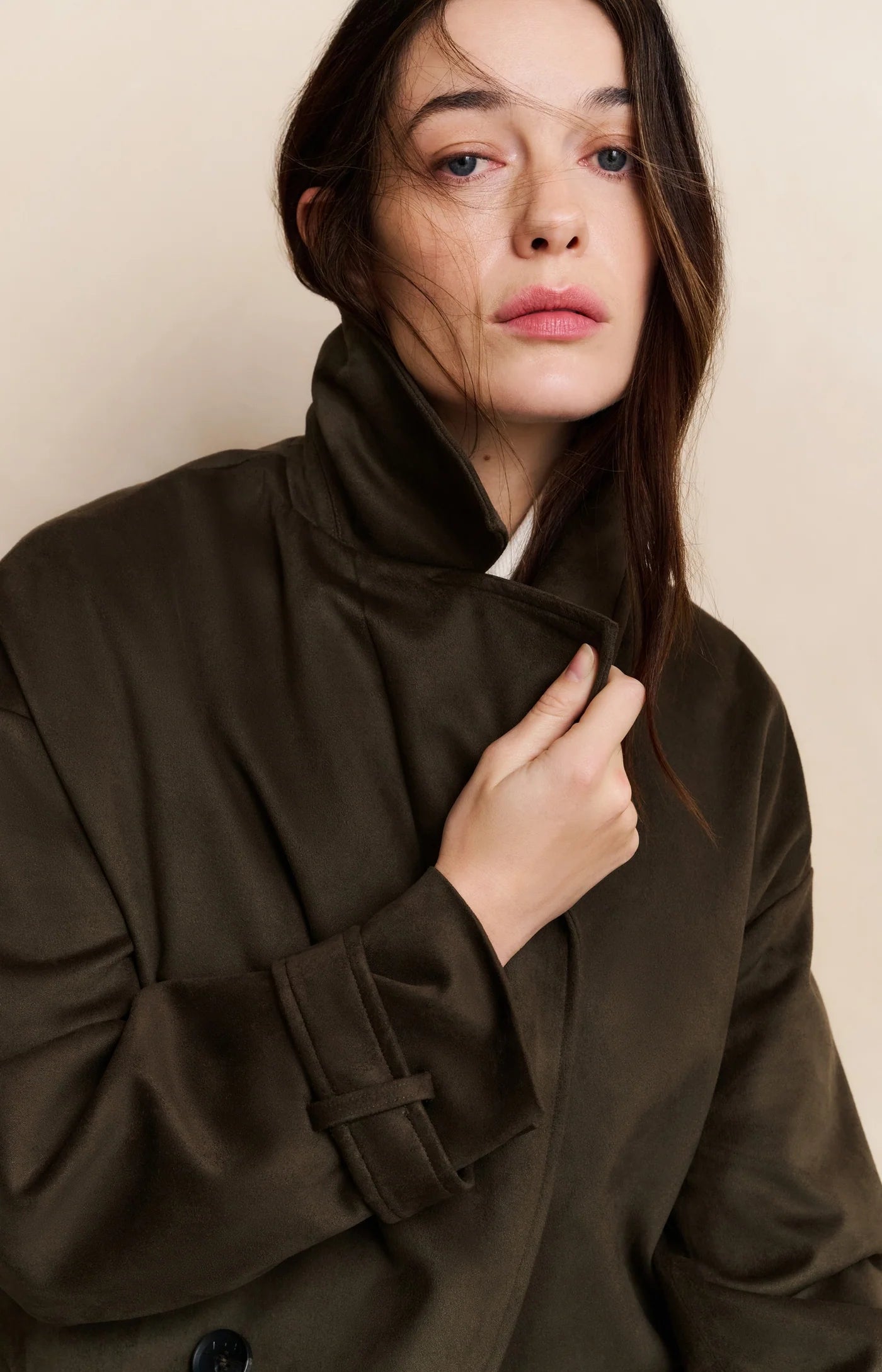 Long Suedine Coat with Belt in Brown
