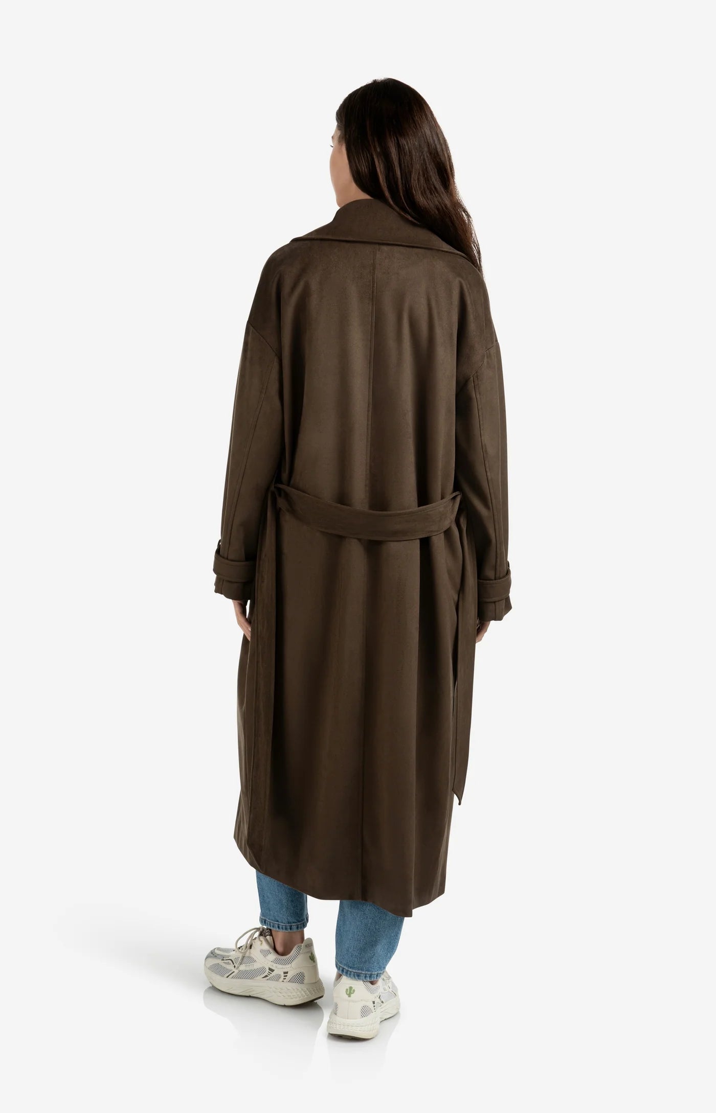 Long Suedine Coat with Belt in Brown