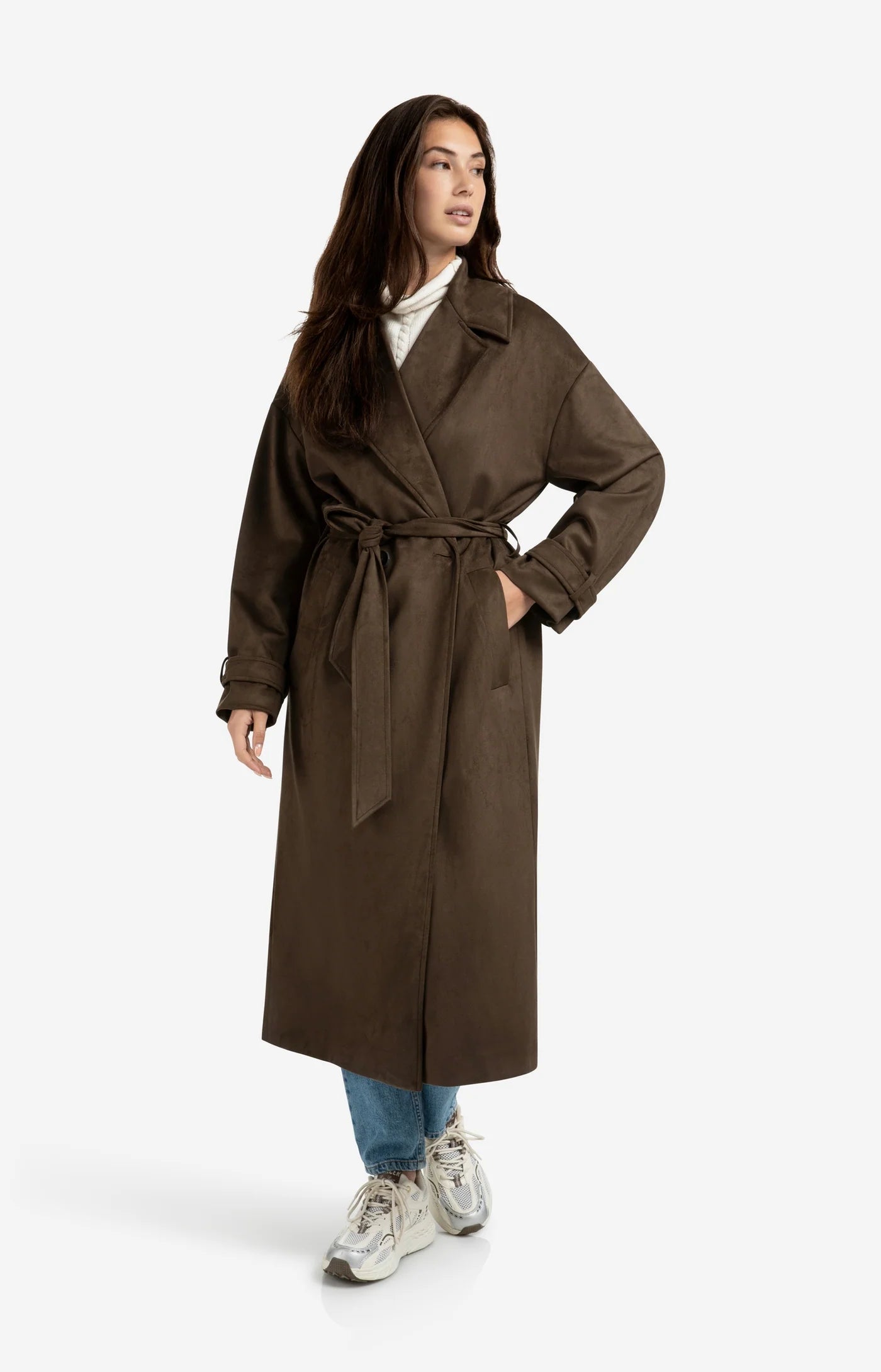 Long Suedine Coat with Belt in Brown