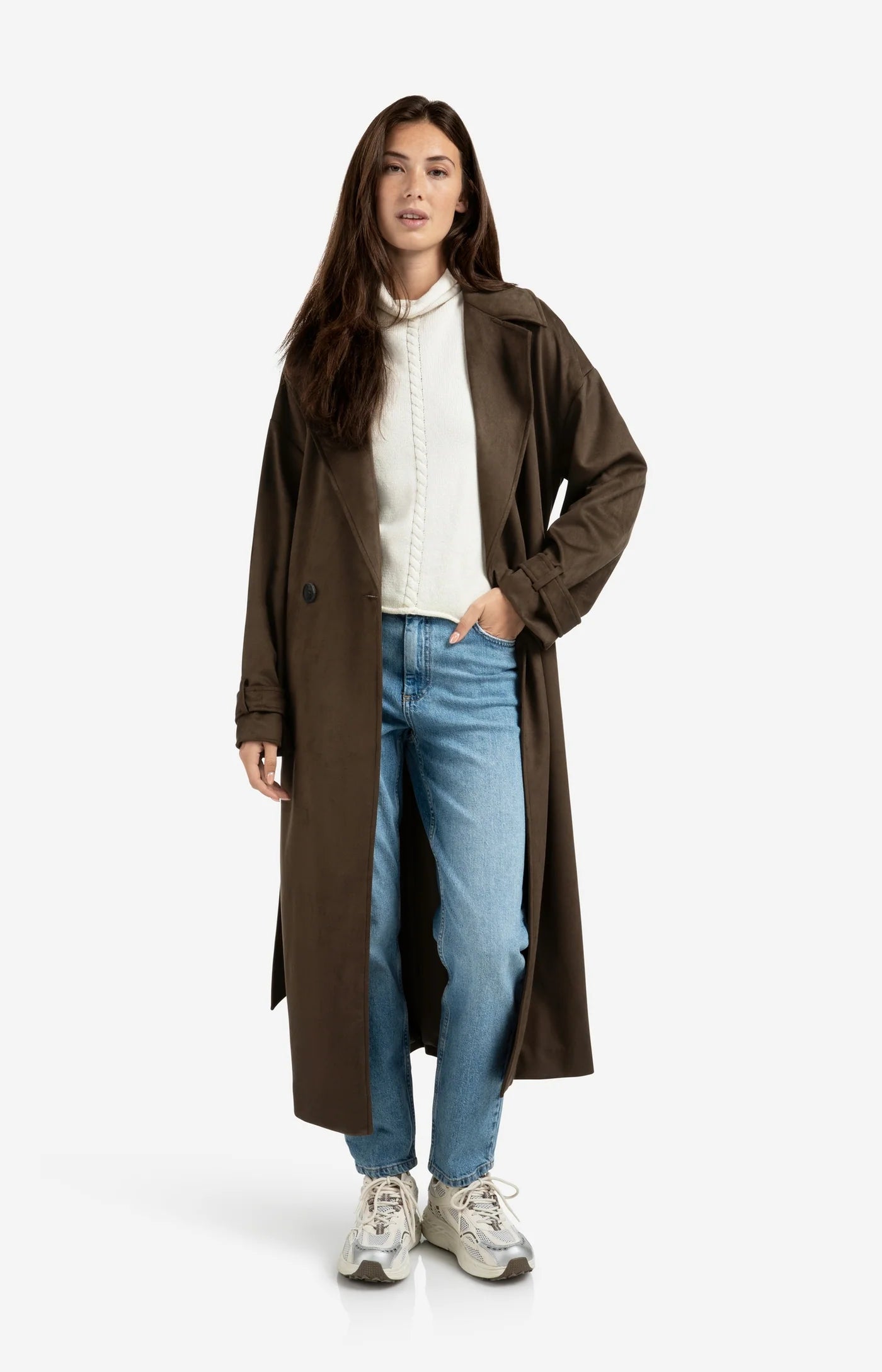 Long Suedine Coat with Belt in Brown