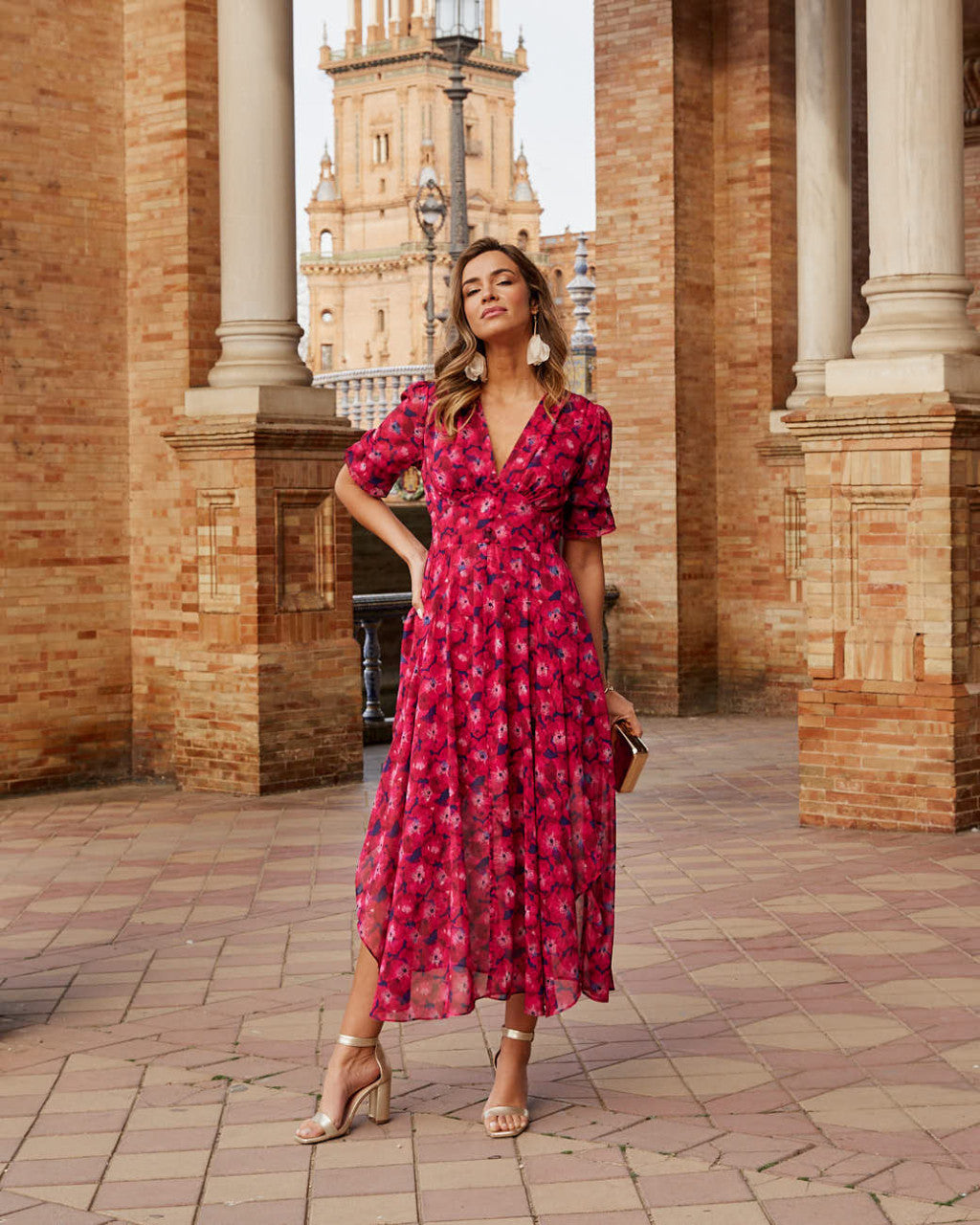 Rosary Flower Dress in Cerise