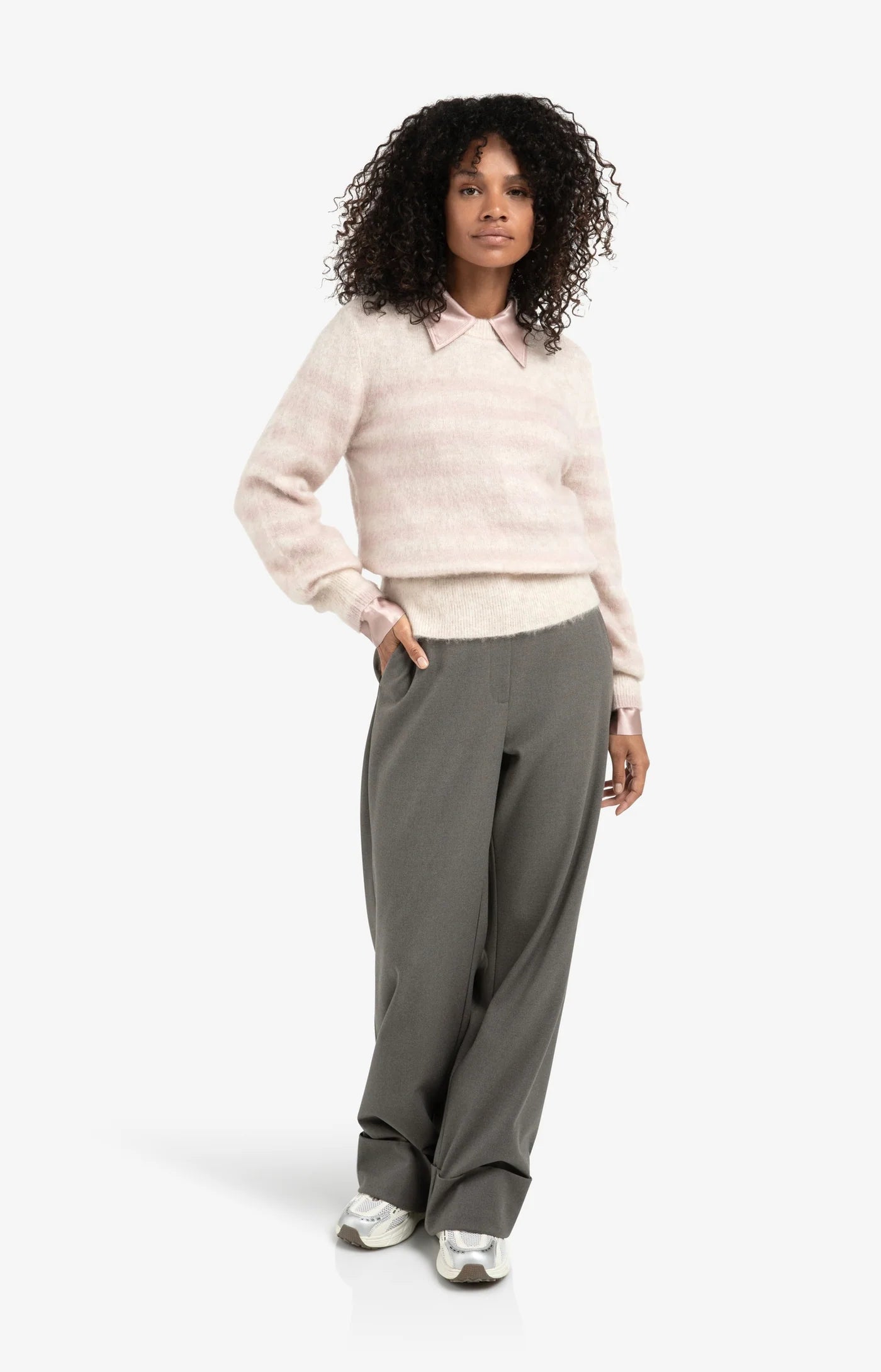 Satin Blouse with Classic Collar in Shadow Grey/ Pink