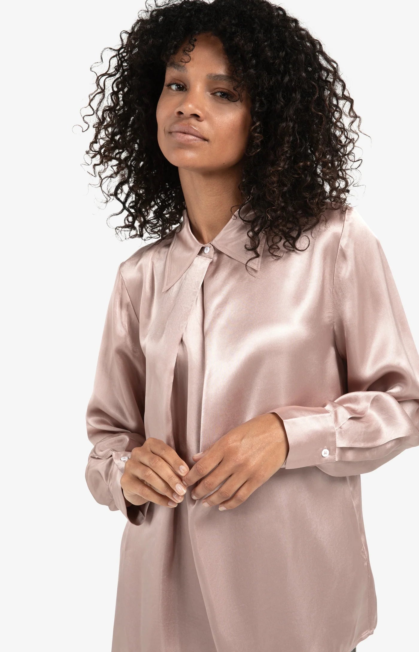 Satin Blouse with Classic Collar in Shadow Grey/ Pink