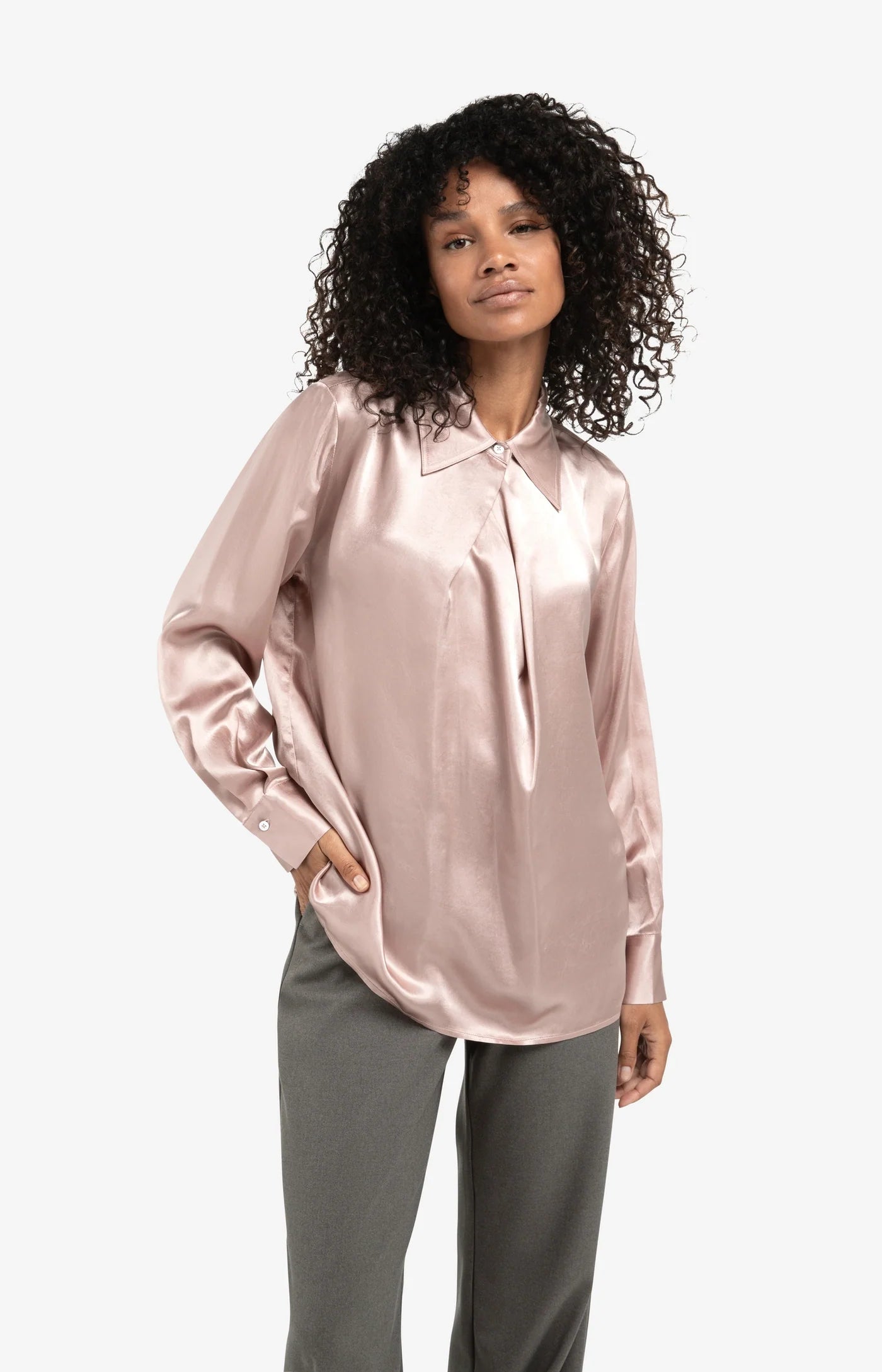 Satin Blouse with Classic Collar in Shadow Grey/ Pink
