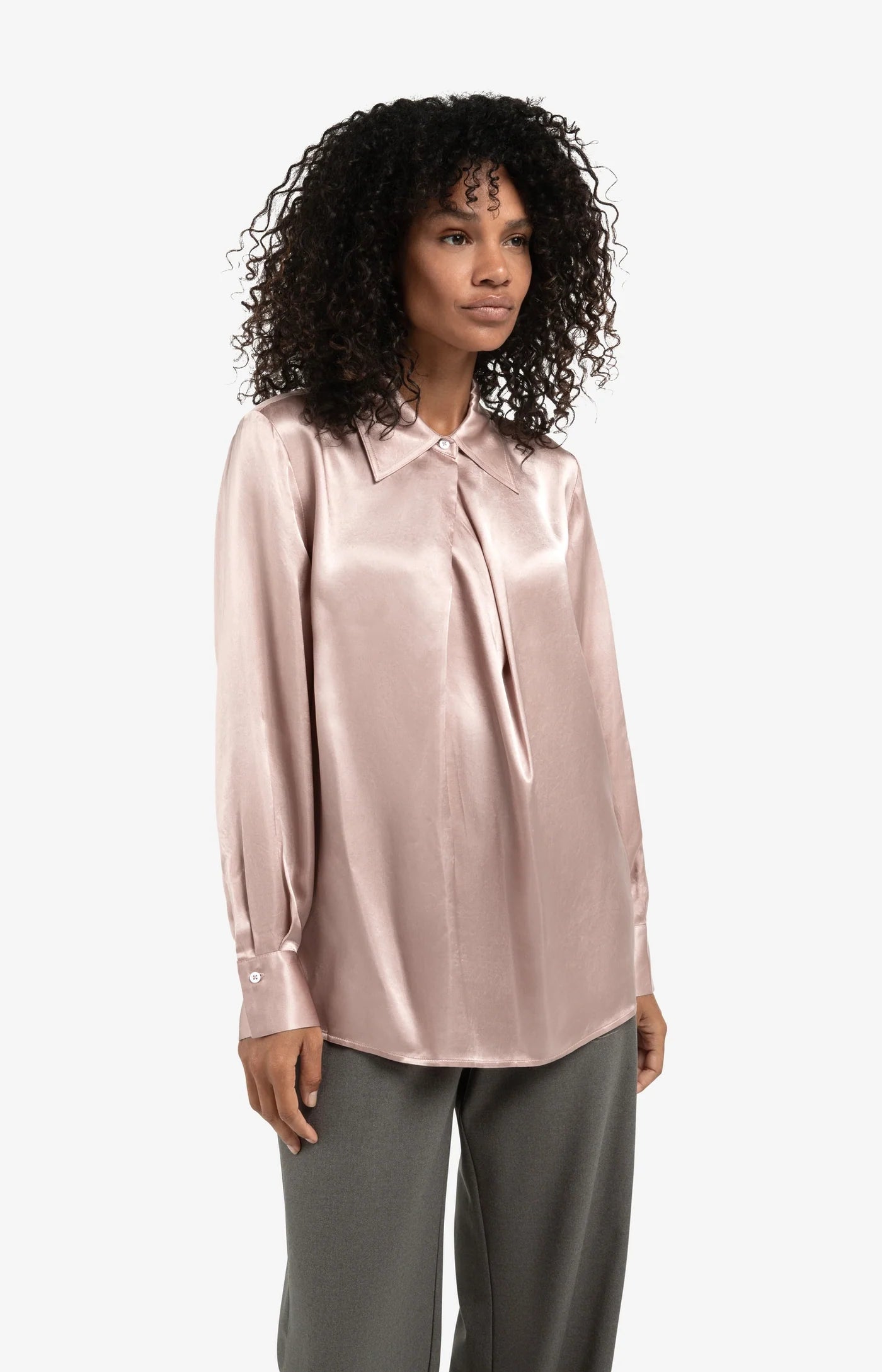 Satin Blouse with Classic Collar in Shadow Grey/ Pink