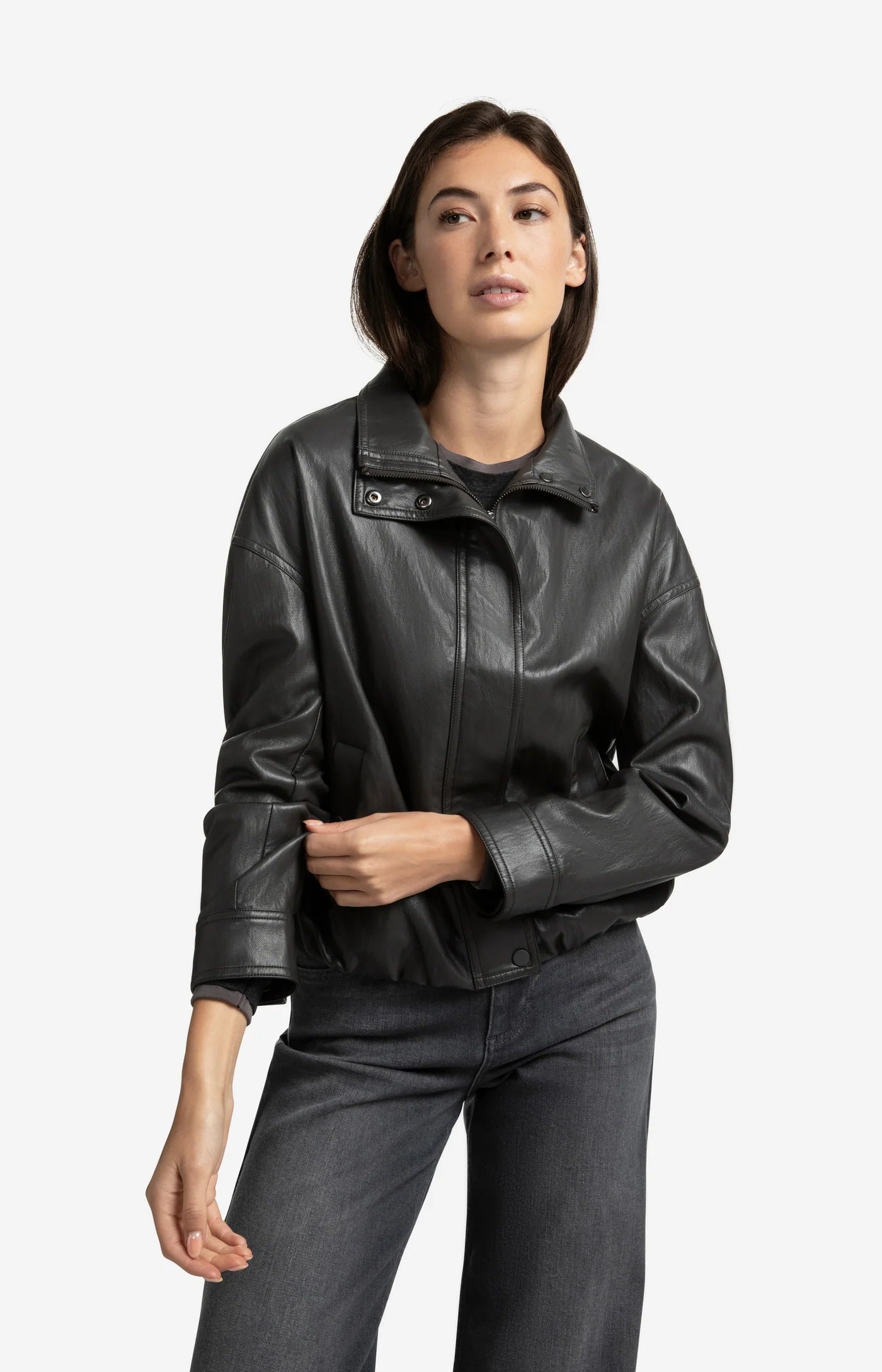 Short Faux Leather Jacket in Anthracite/Brown