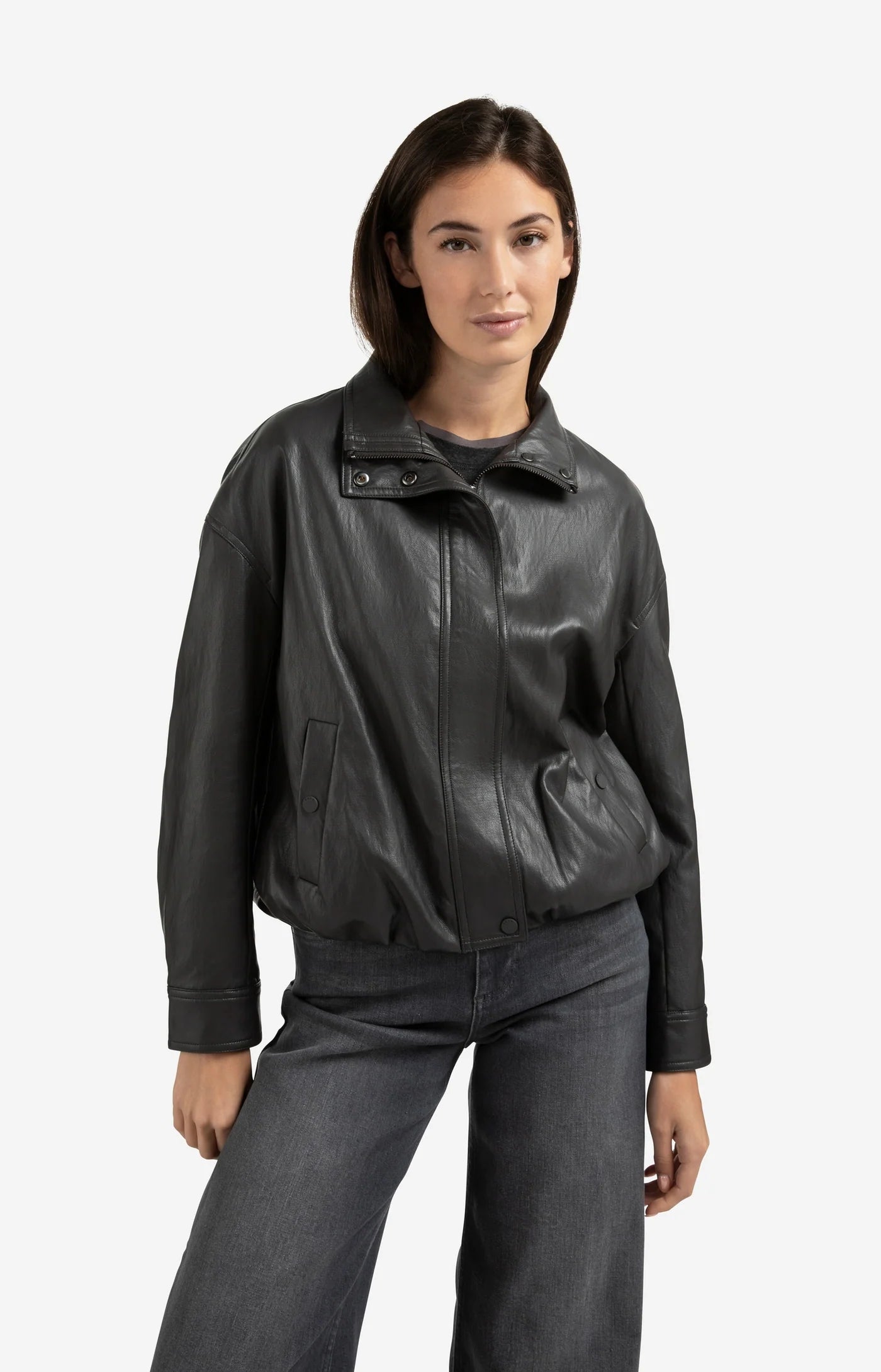 Short Faux Leather Jacket in Anthracite/Brown