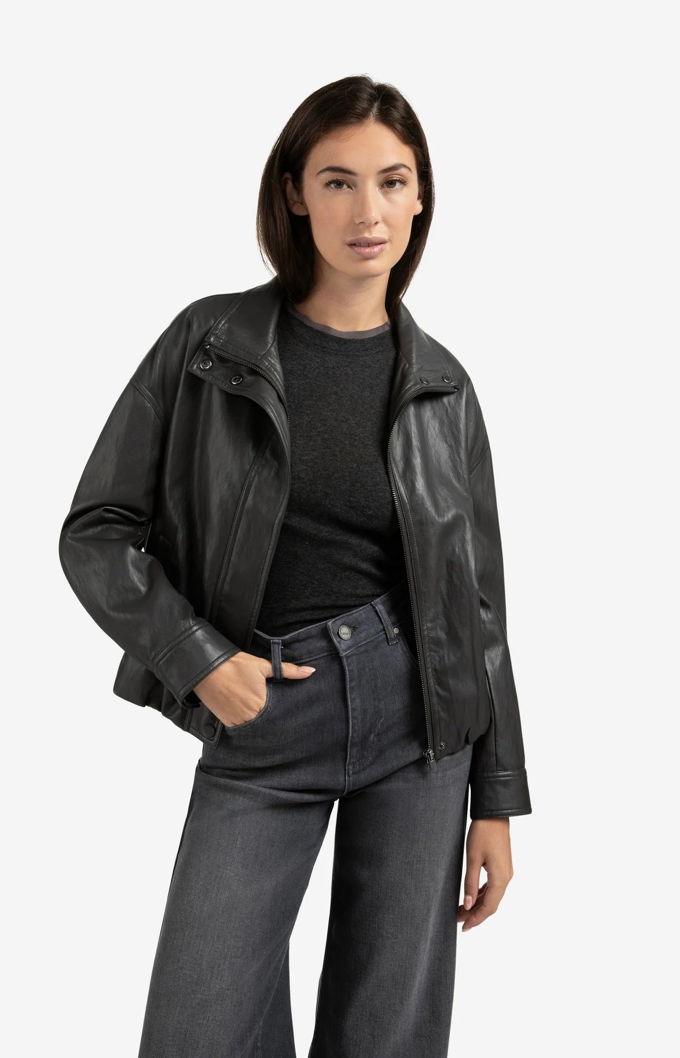 Short Faux Leather Jacket in Anthracite/Brown