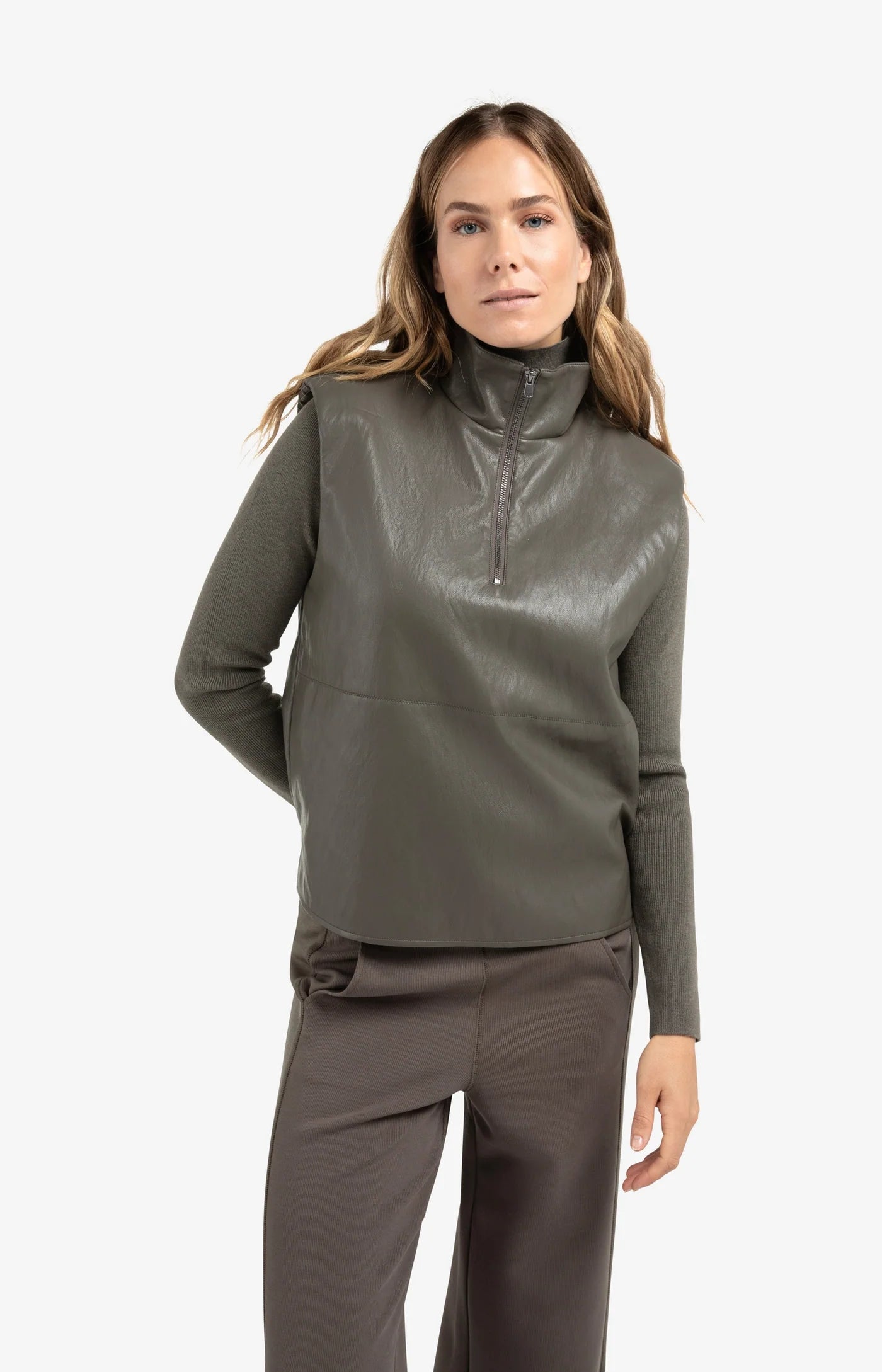 Faux Leather Sleeveless Top  in Dark Taupe/Grey