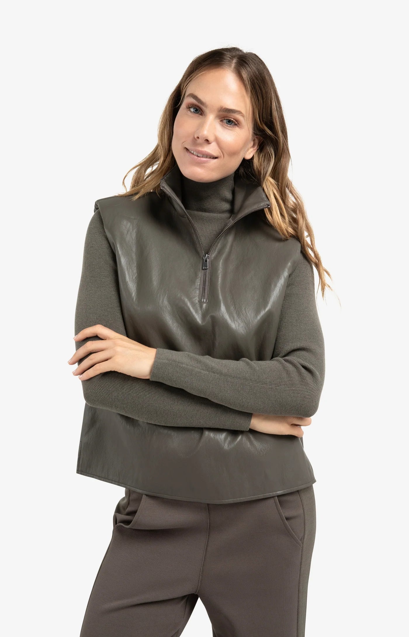 Faux Leather Sleeveless Top  in Dark Taupe/Grey