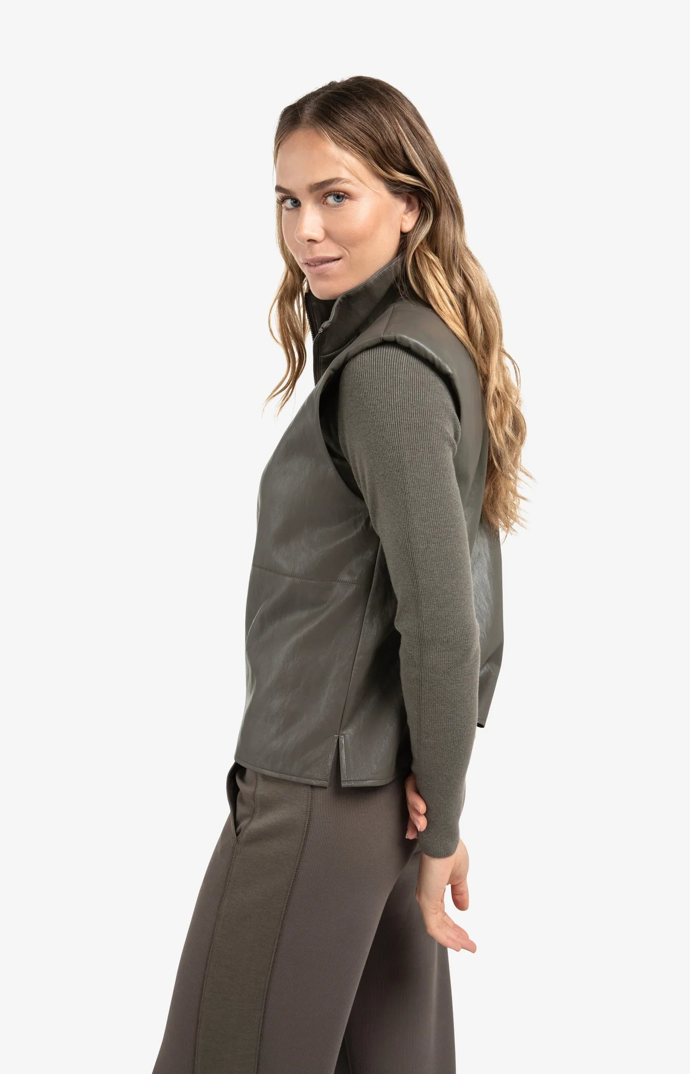 Faux Leather Sleeveless Top  in Dark Taupe/Grey