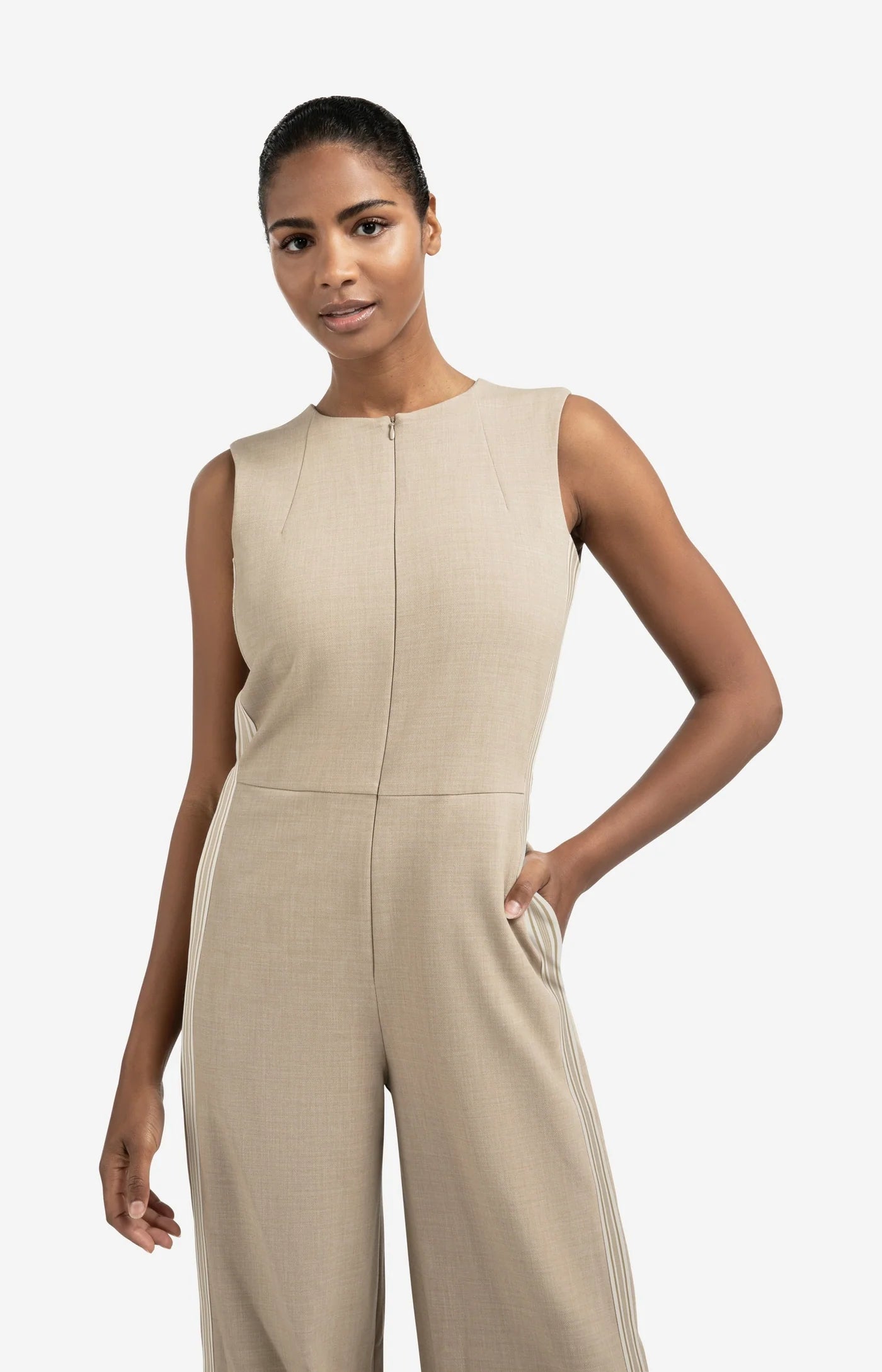 Woven Wide Leg Jumpsuit in Sand Beige