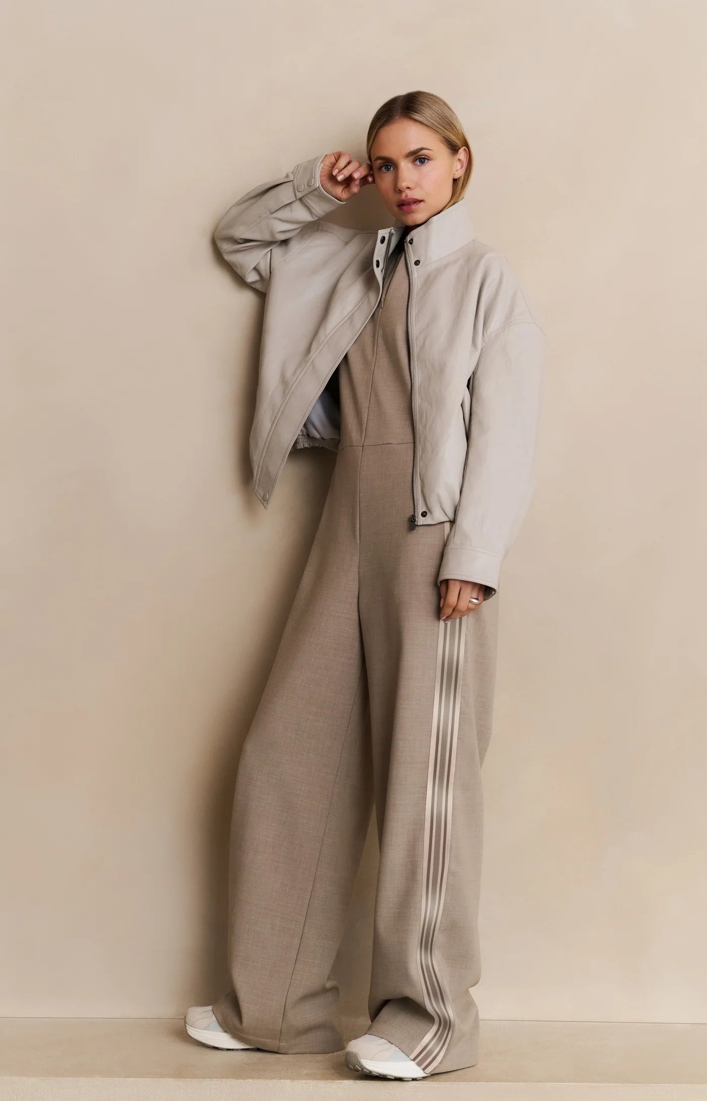 Woven Wide Leg Jumpsuit in Sand Beige