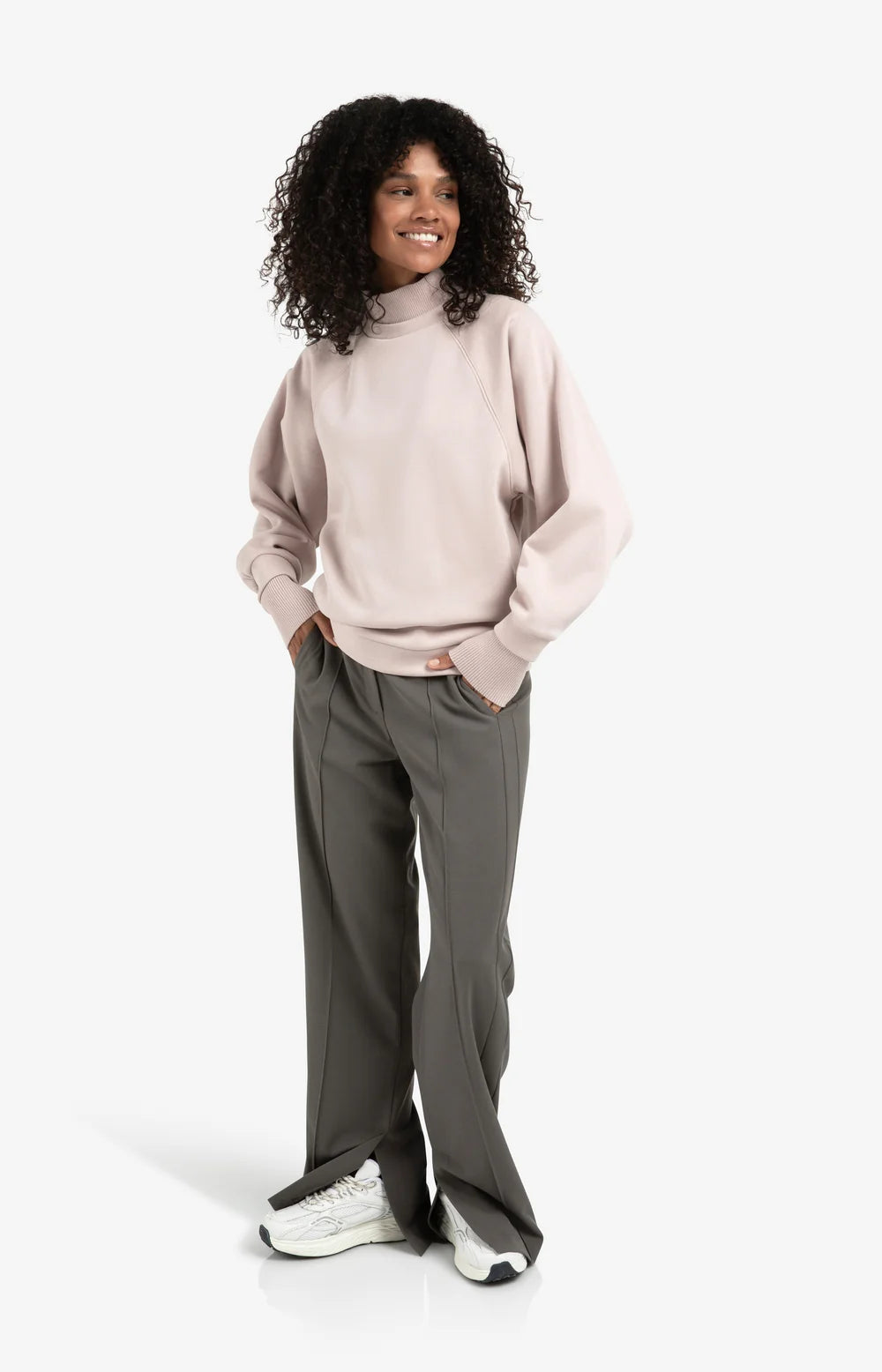 High Ribbed Collar Sweatshirt in Shadow Gray/ Pink