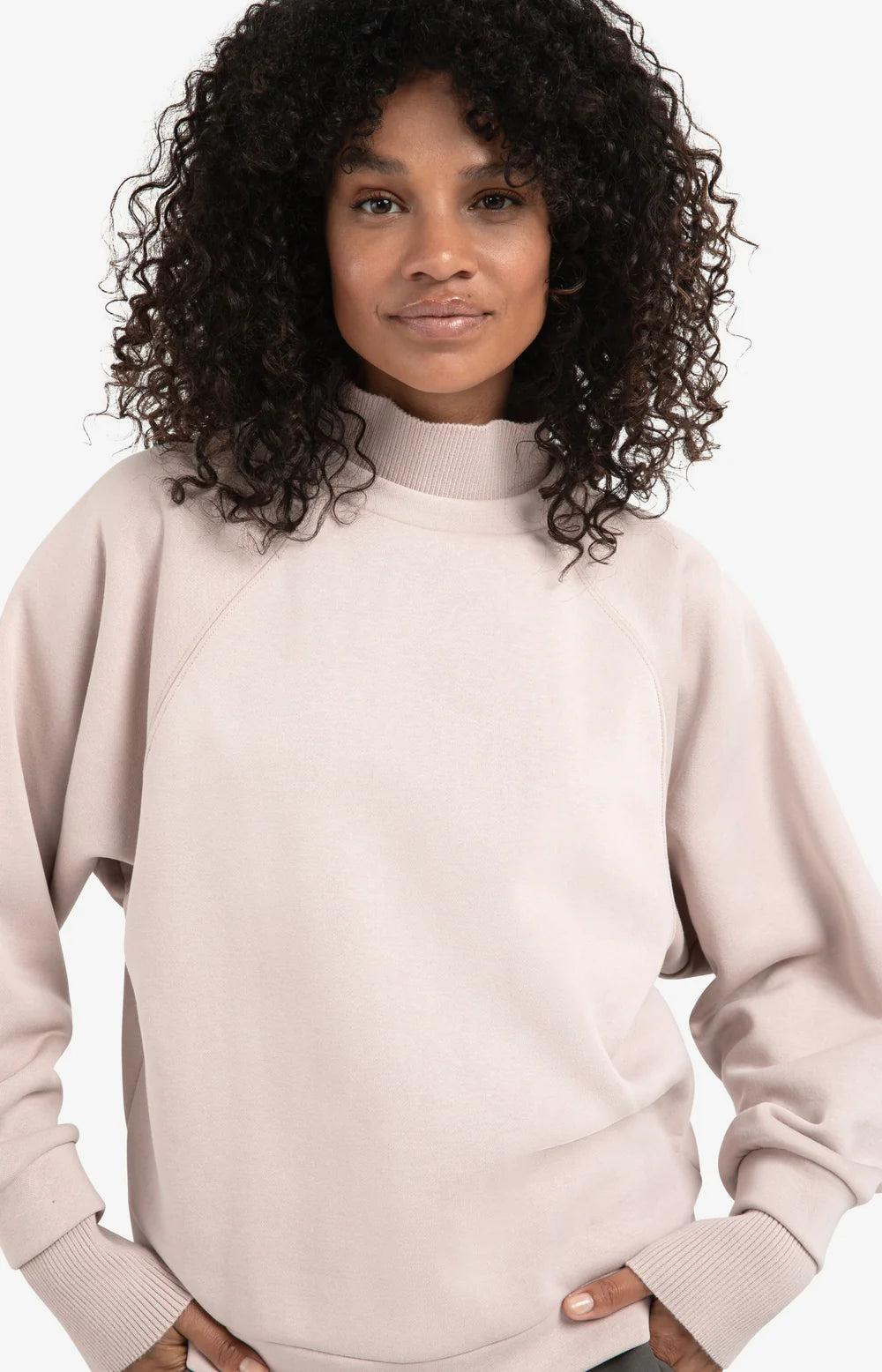 High Ribbed Collar Sweatshirt in Shadow Gray/ Pink