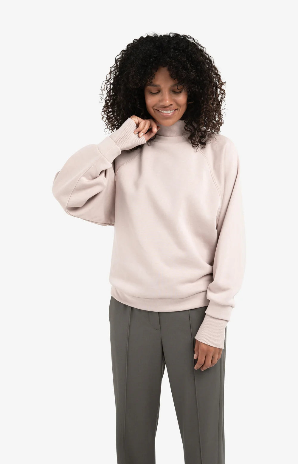 High Ribbed Collar Sweatshirt in Shadow Gray/ Pink