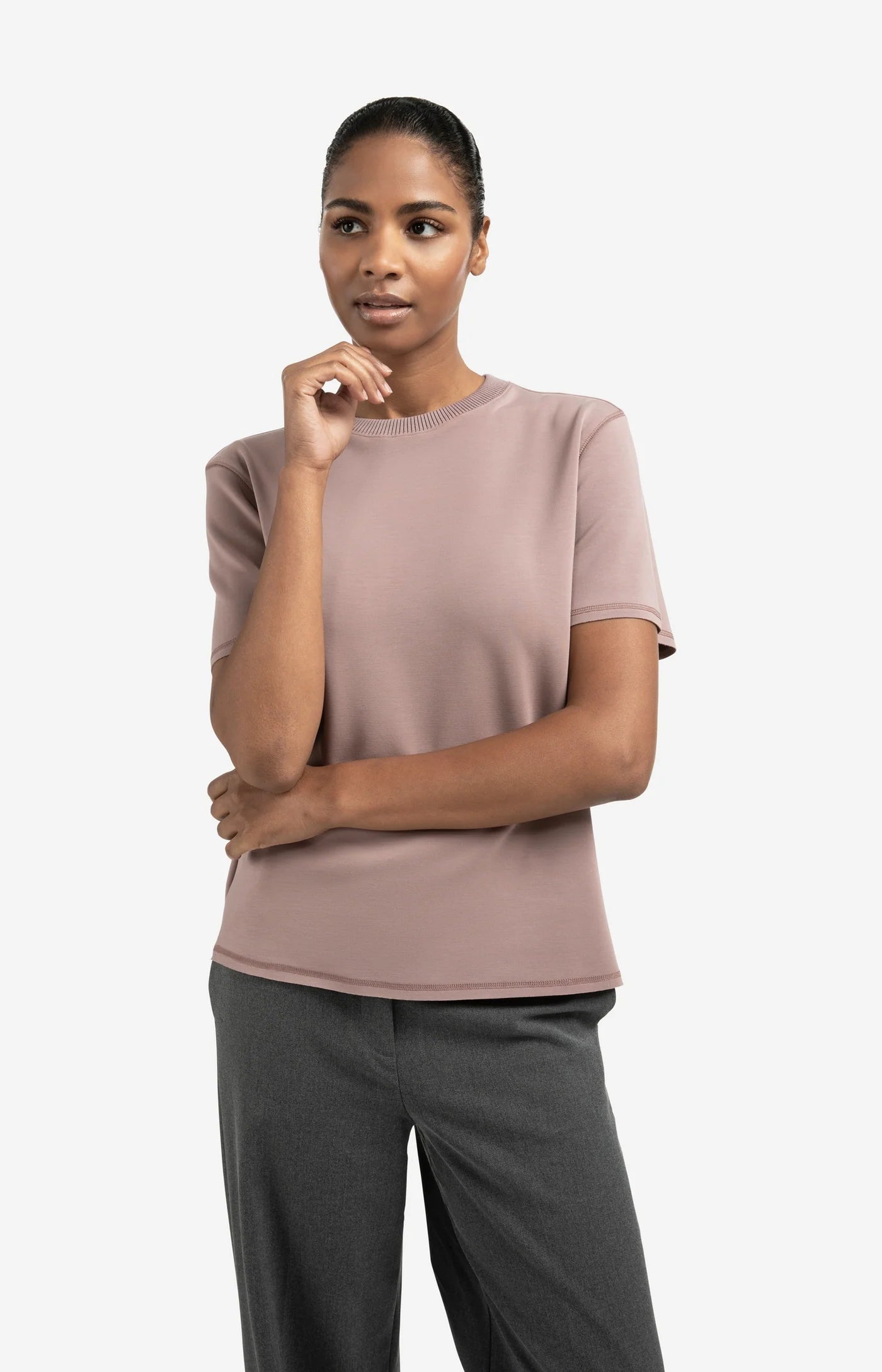 T-shirt with Knitted Ribbed Neckline in Blush Pink