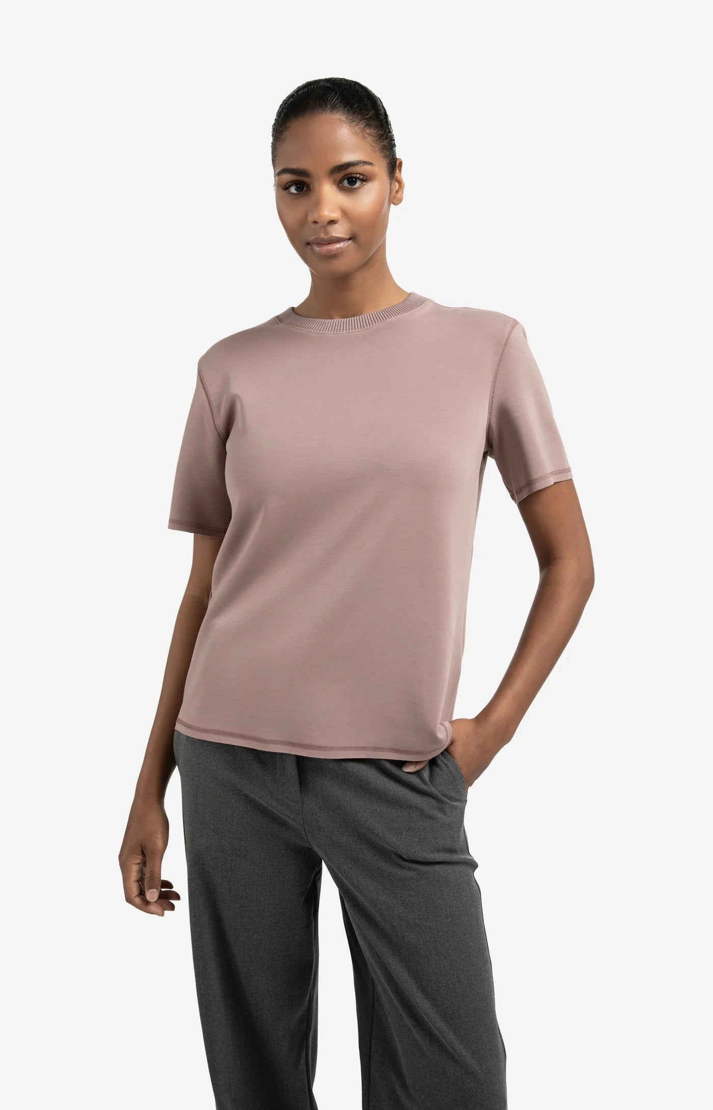 T-shirt with Knitted Ribbed Neckline in Blush Pink