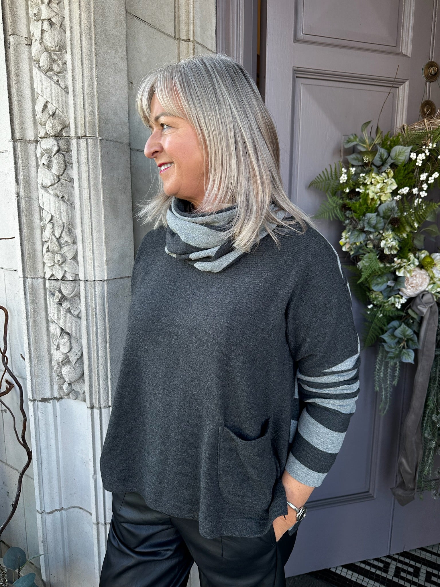 Stripe Loop Scarf in Grey
