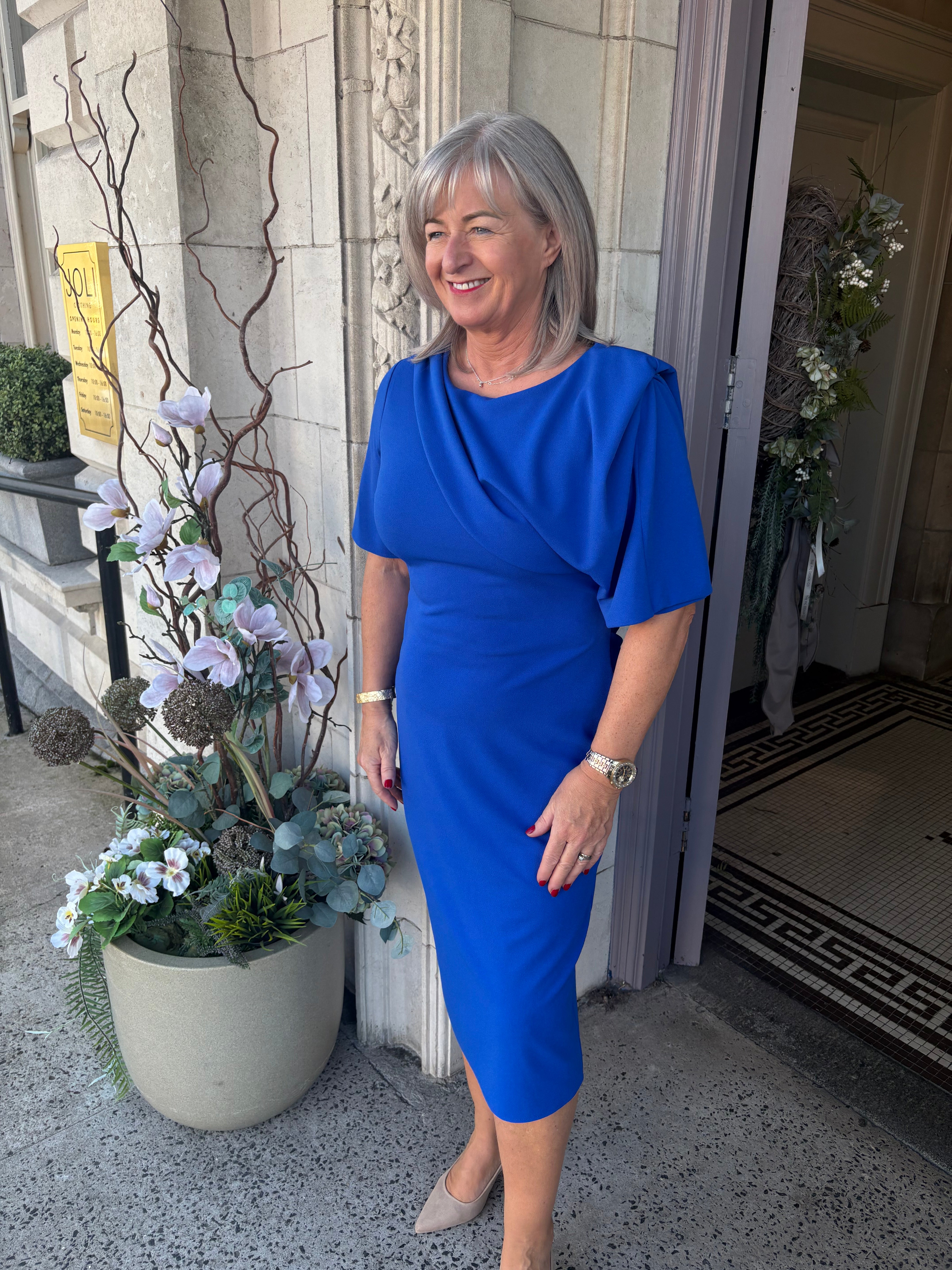 Shawl Neckline Dress With Short Sleeve in True Blue