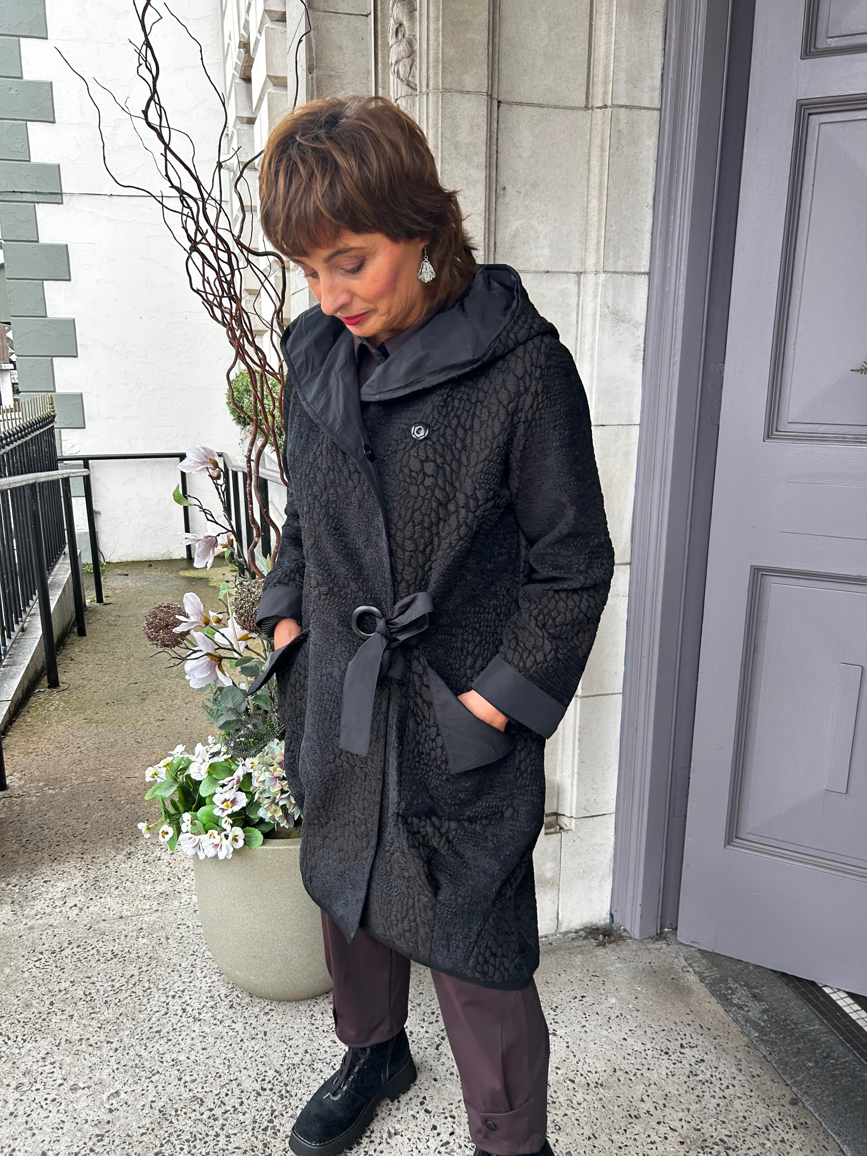 Jaquard Section Coat With Ring Tie Detail in Black/Choko