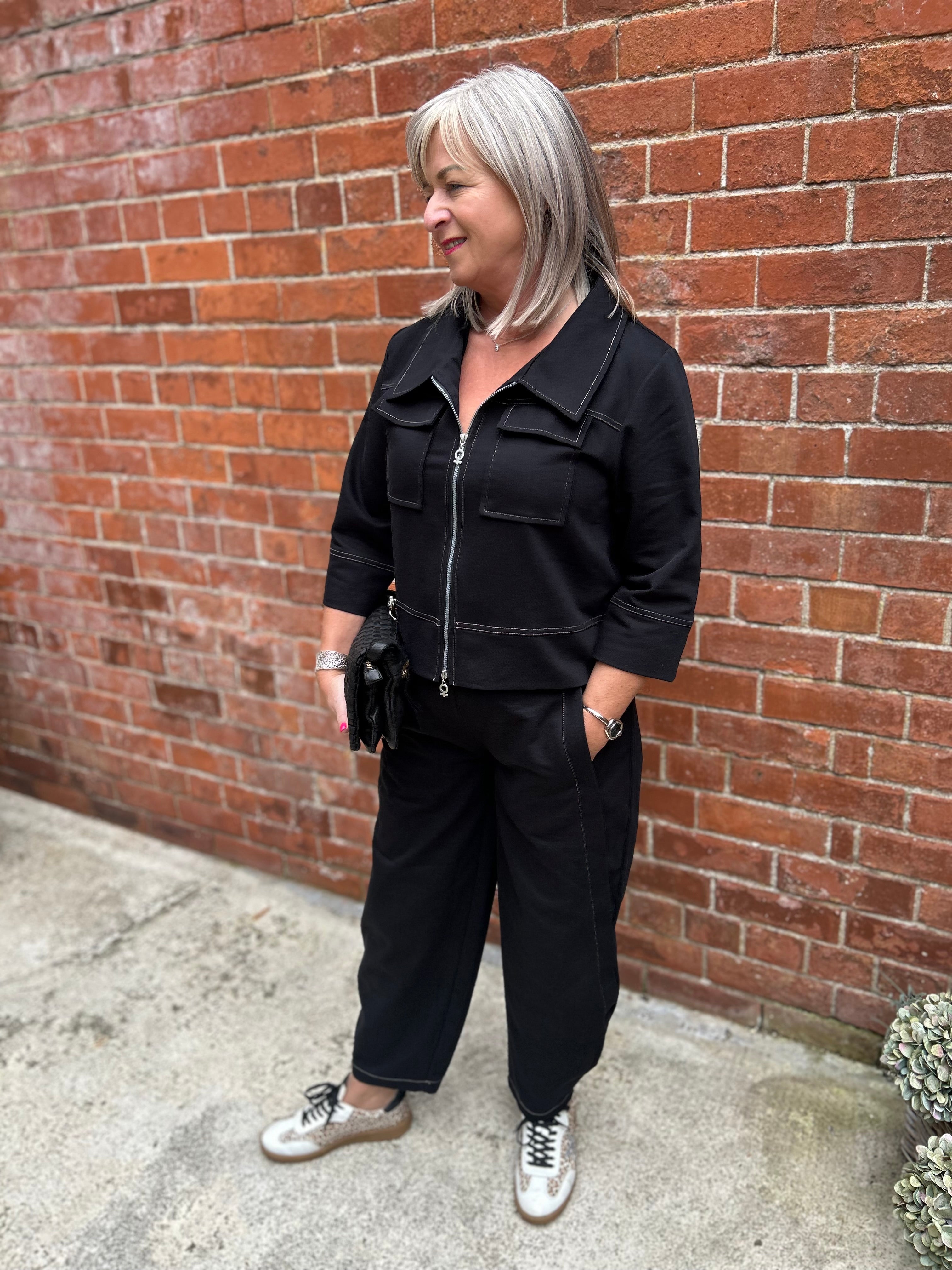 Stretch Denim-Style Barrel Leg Trousers in Black