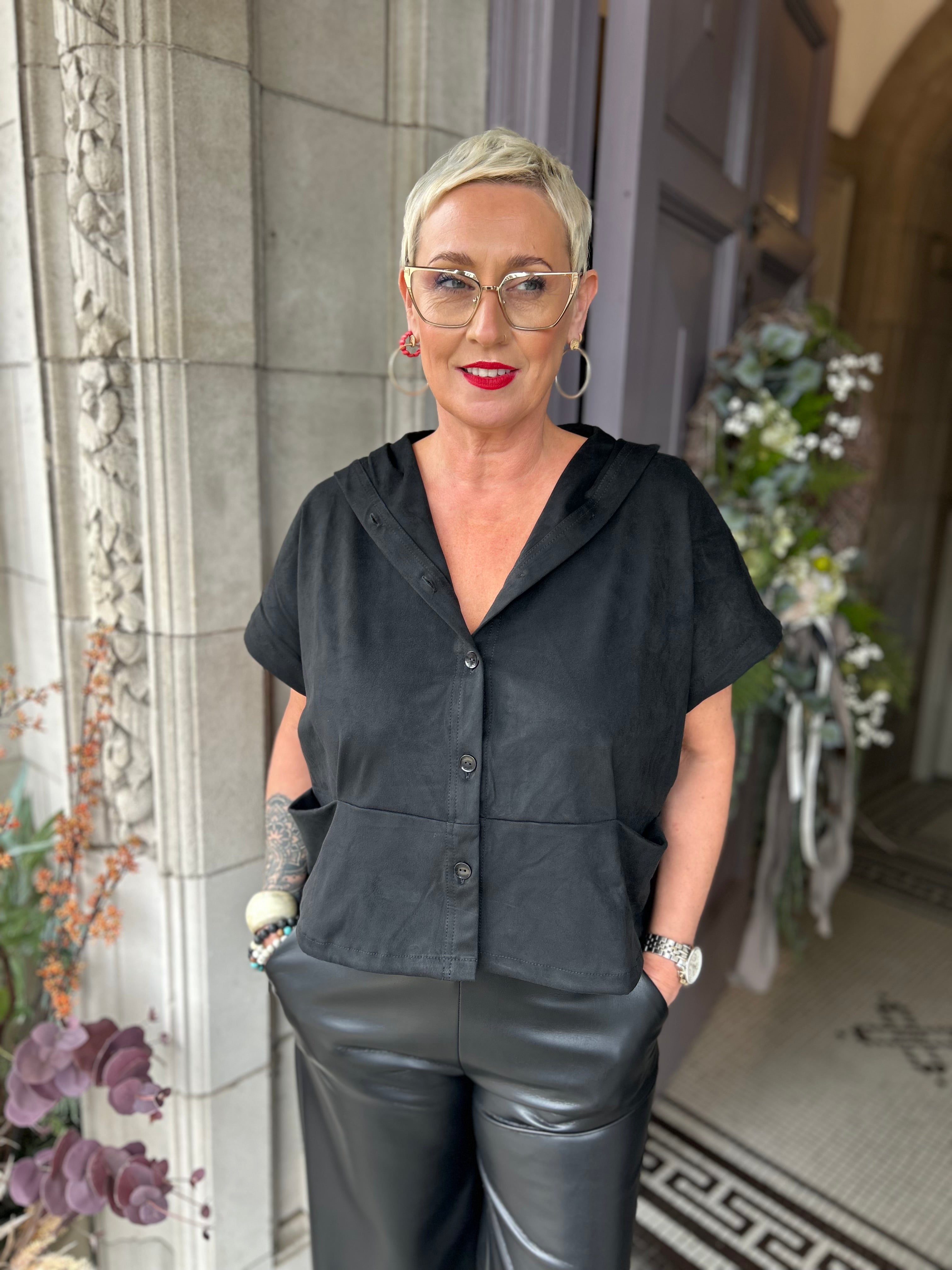 Suedette Hooded Waistcoat in Black