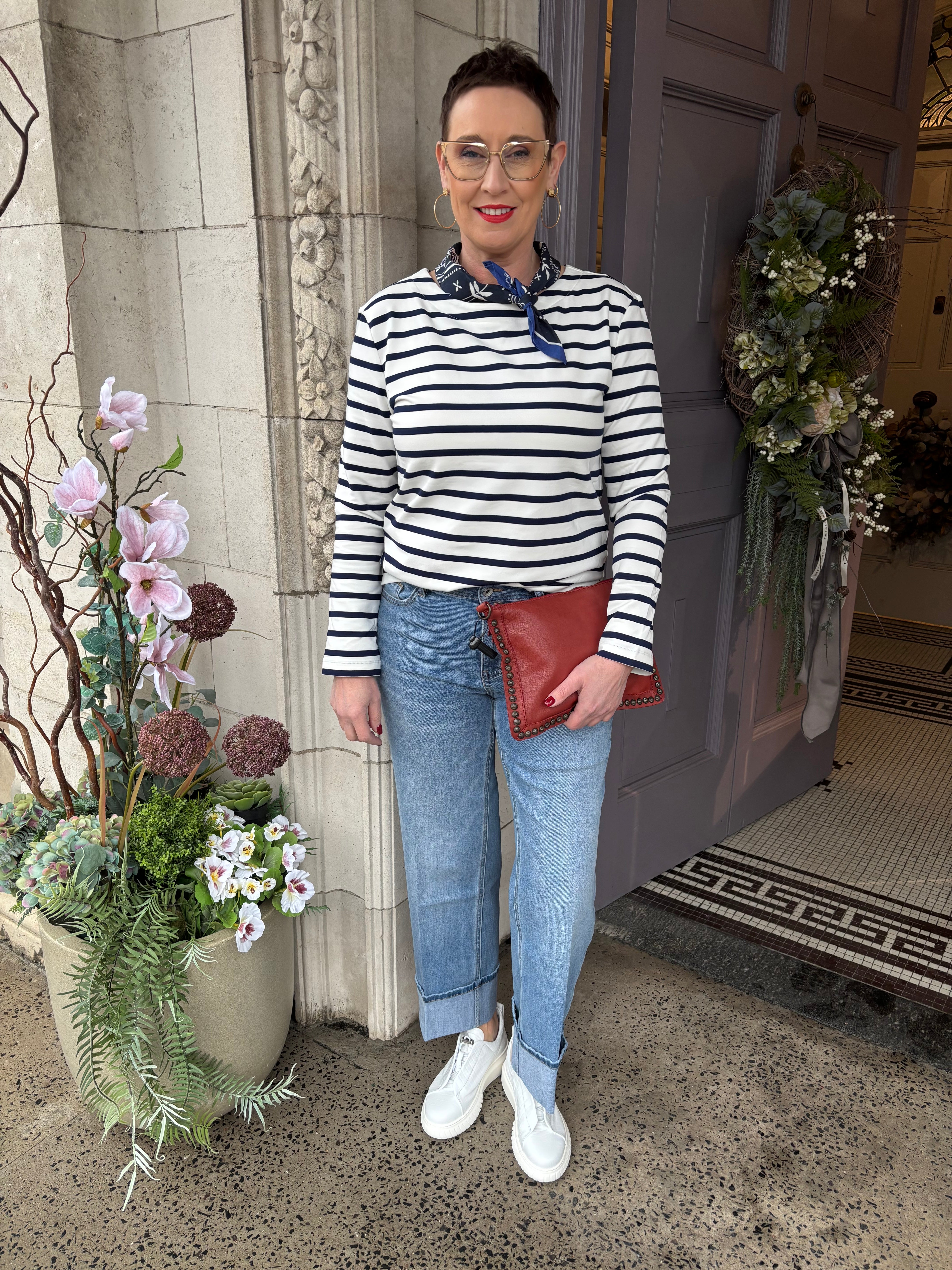 Terry Stripe & Scarf Jumper in Dark Blue