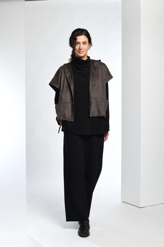 Suedette Hooded Waistcoat in Chocolate Brown