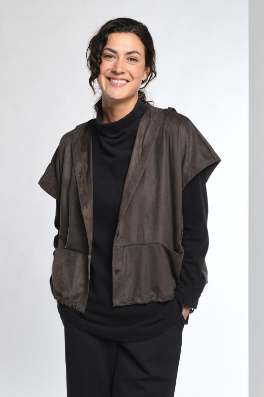 Suedette Hooded Waistcoat in Chocolate Brown