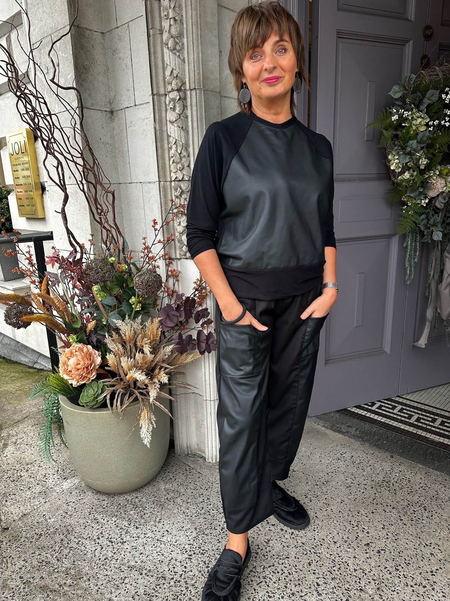 Faux Leather Panel Trousers in Black