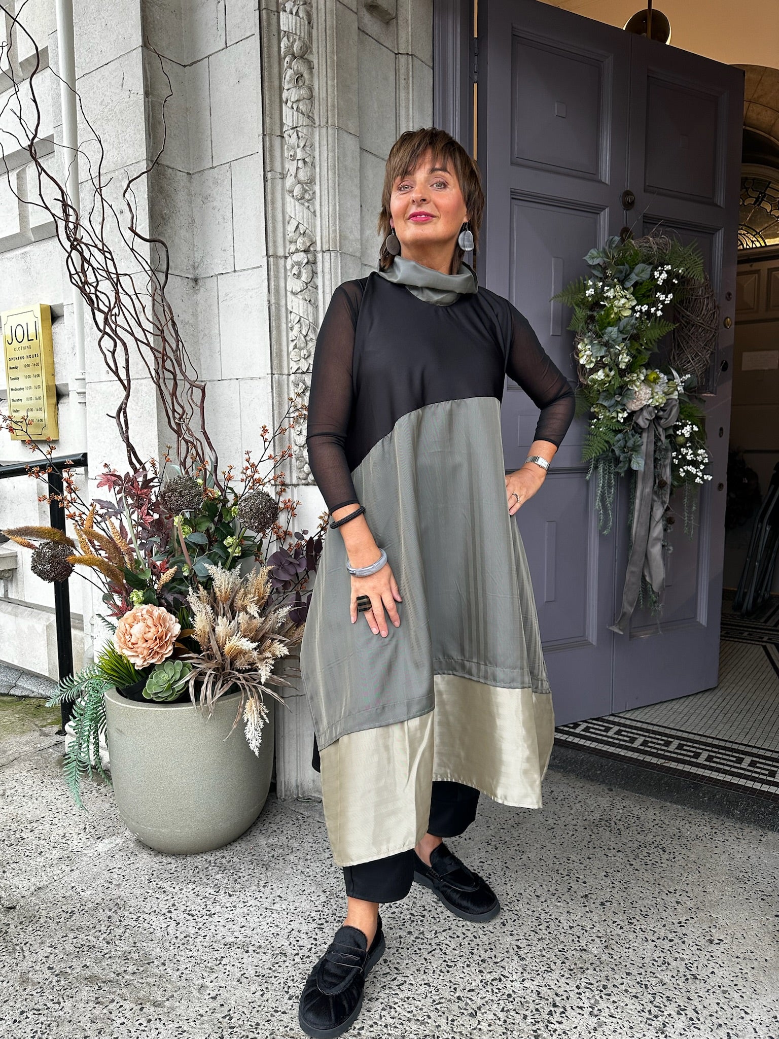 Asymmetric Colour Block Dress in Sage/Black