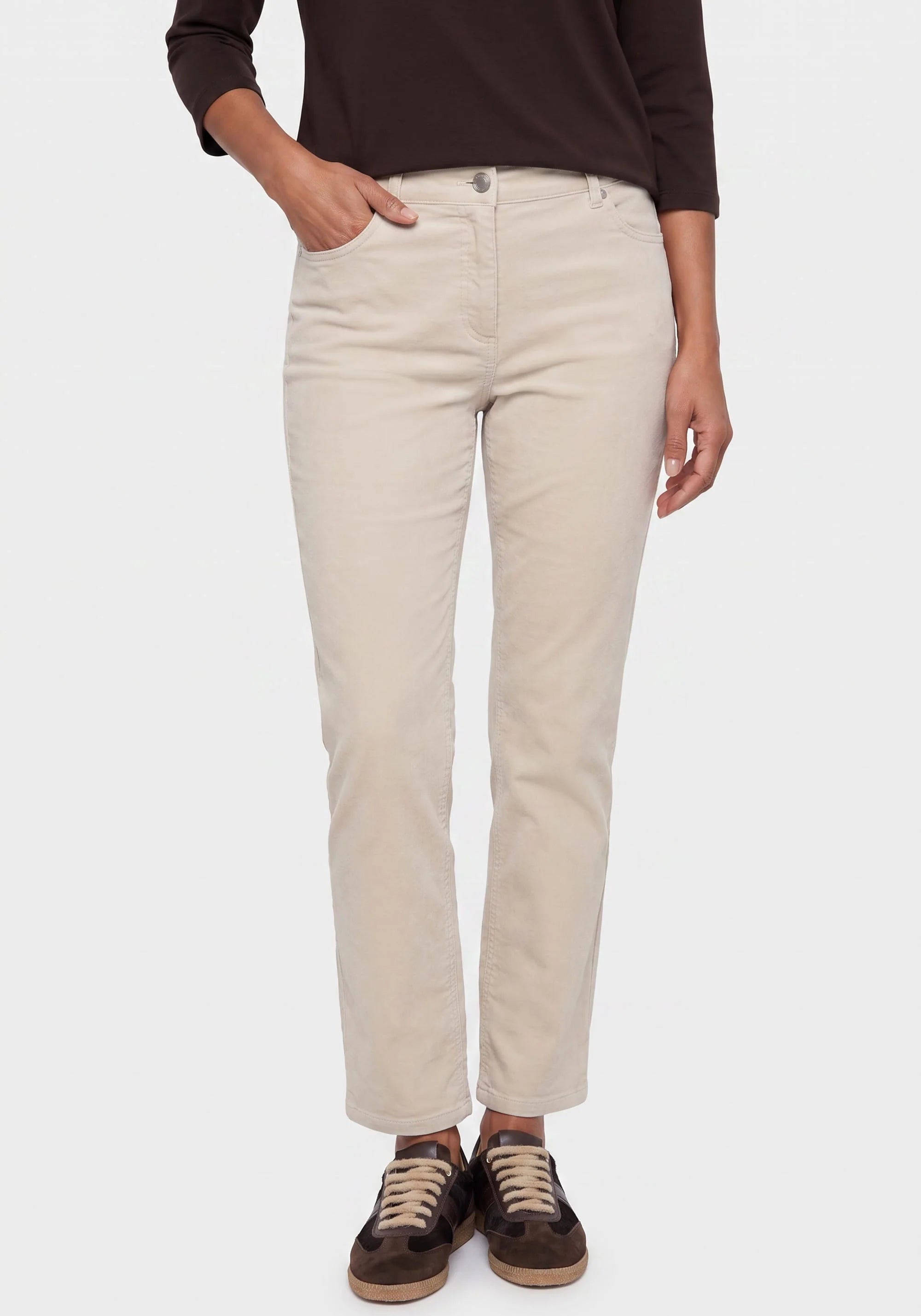 Lisa Straight Cord Trousers in Almond Beige
