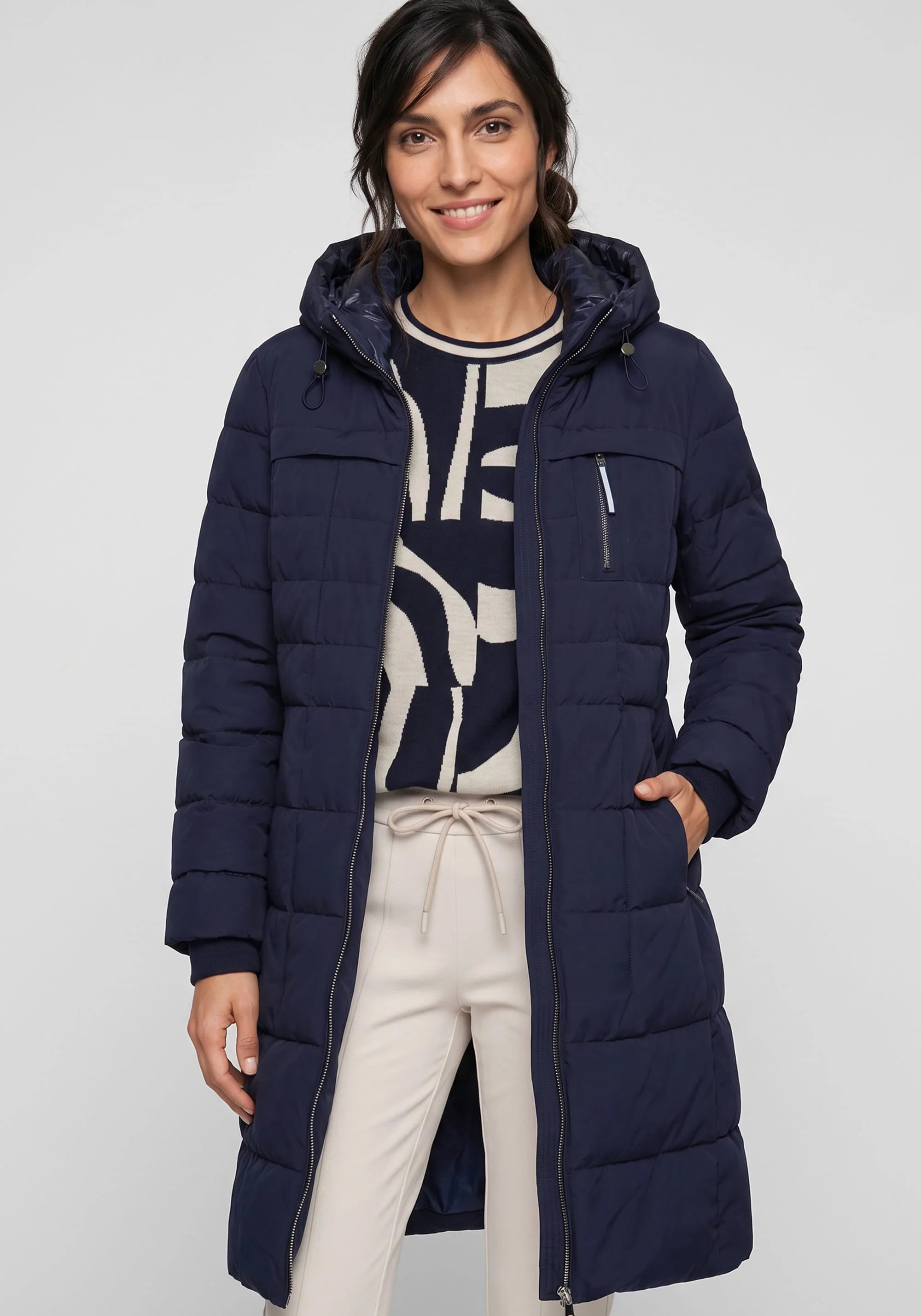Longline Quilted Hooded Coat in Ink Blue