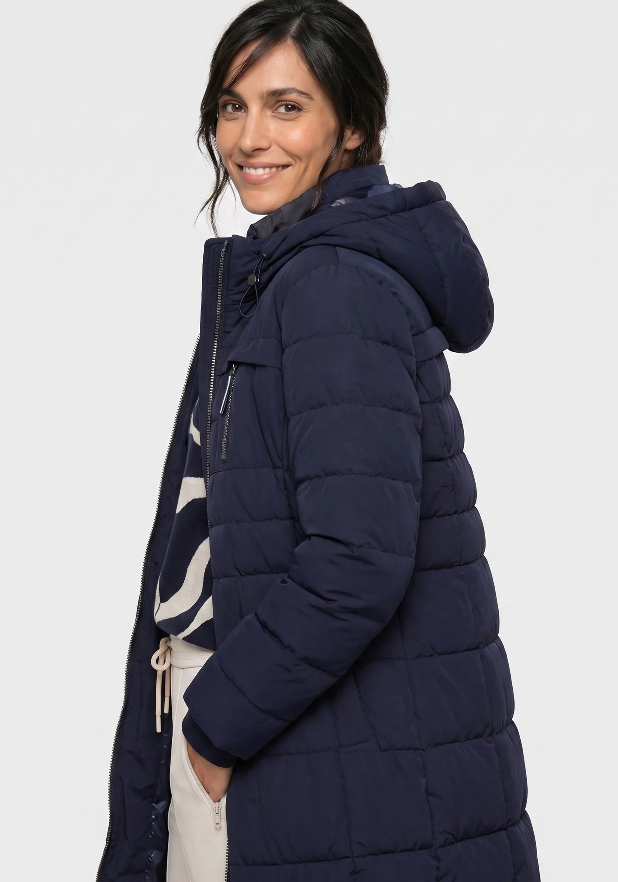 Longline Quilted Hooded Coat in Ink Blue