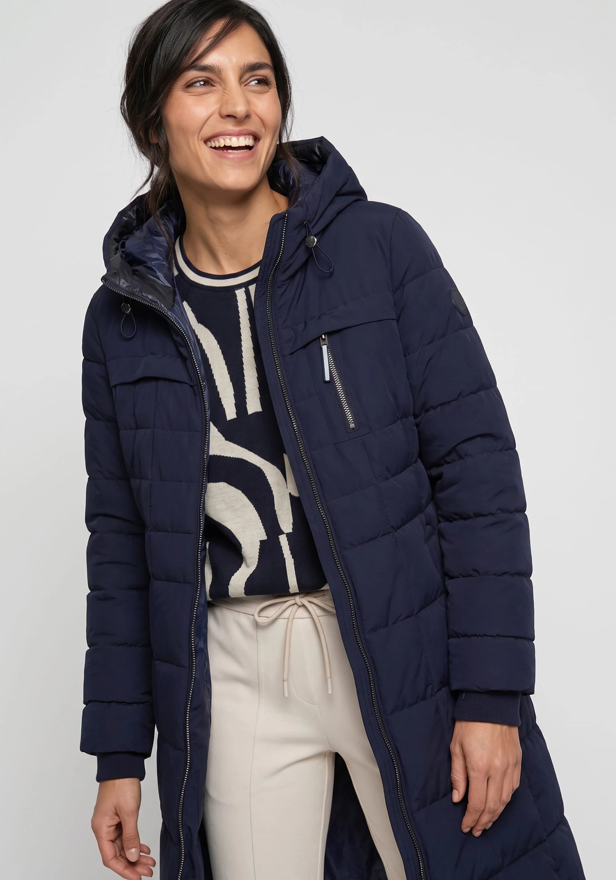 Longline Quilted Hooded Coat in Ink Blue