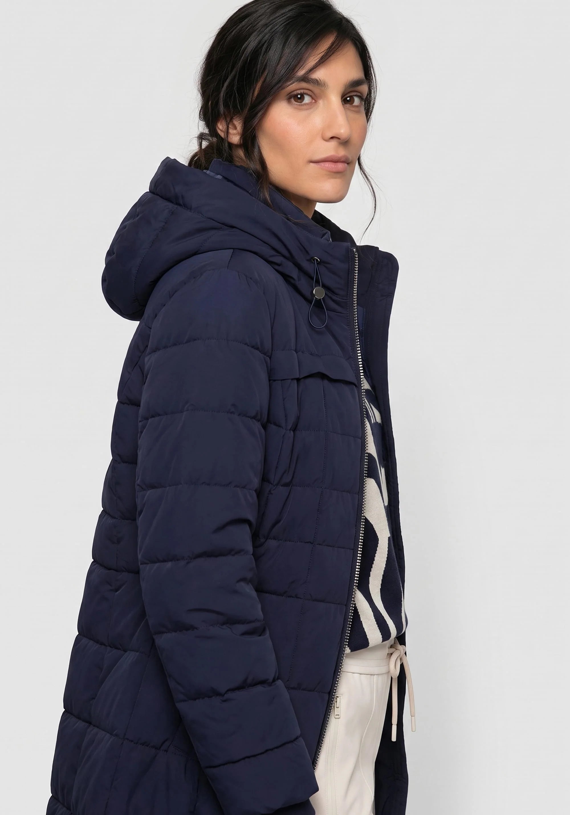 Longline Quilted Hooded Coat in Ink Blue