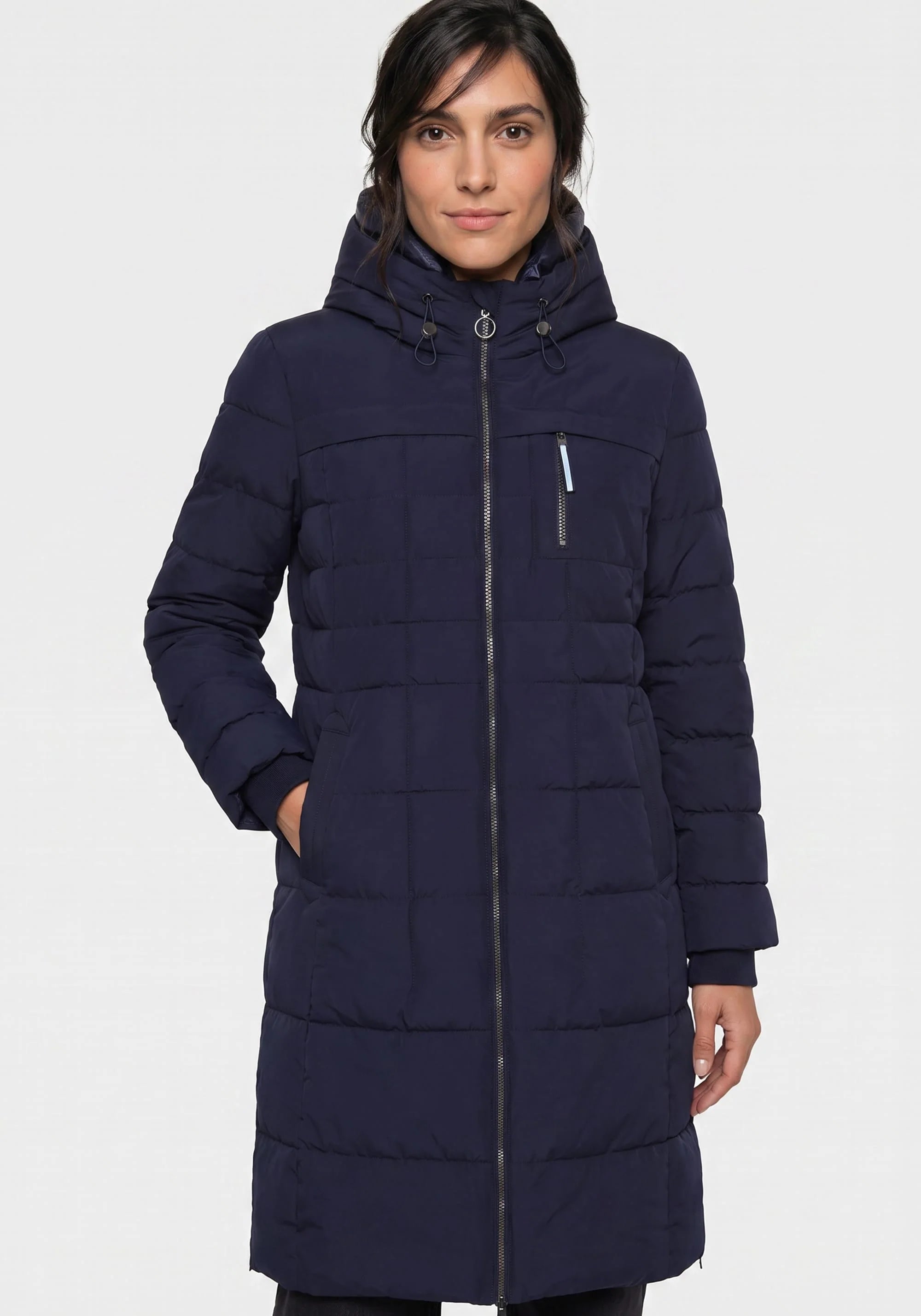 Longline Quilted Hooded Coat in Ink Blue