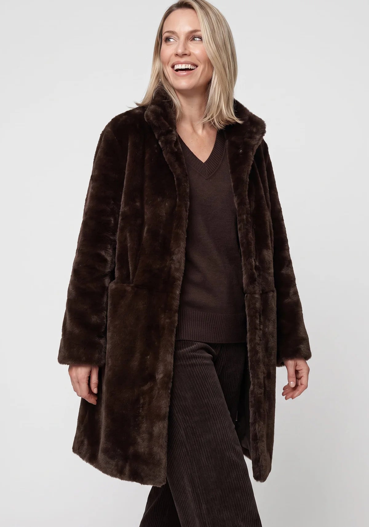 Faux Fur Coat in Coffee Bean