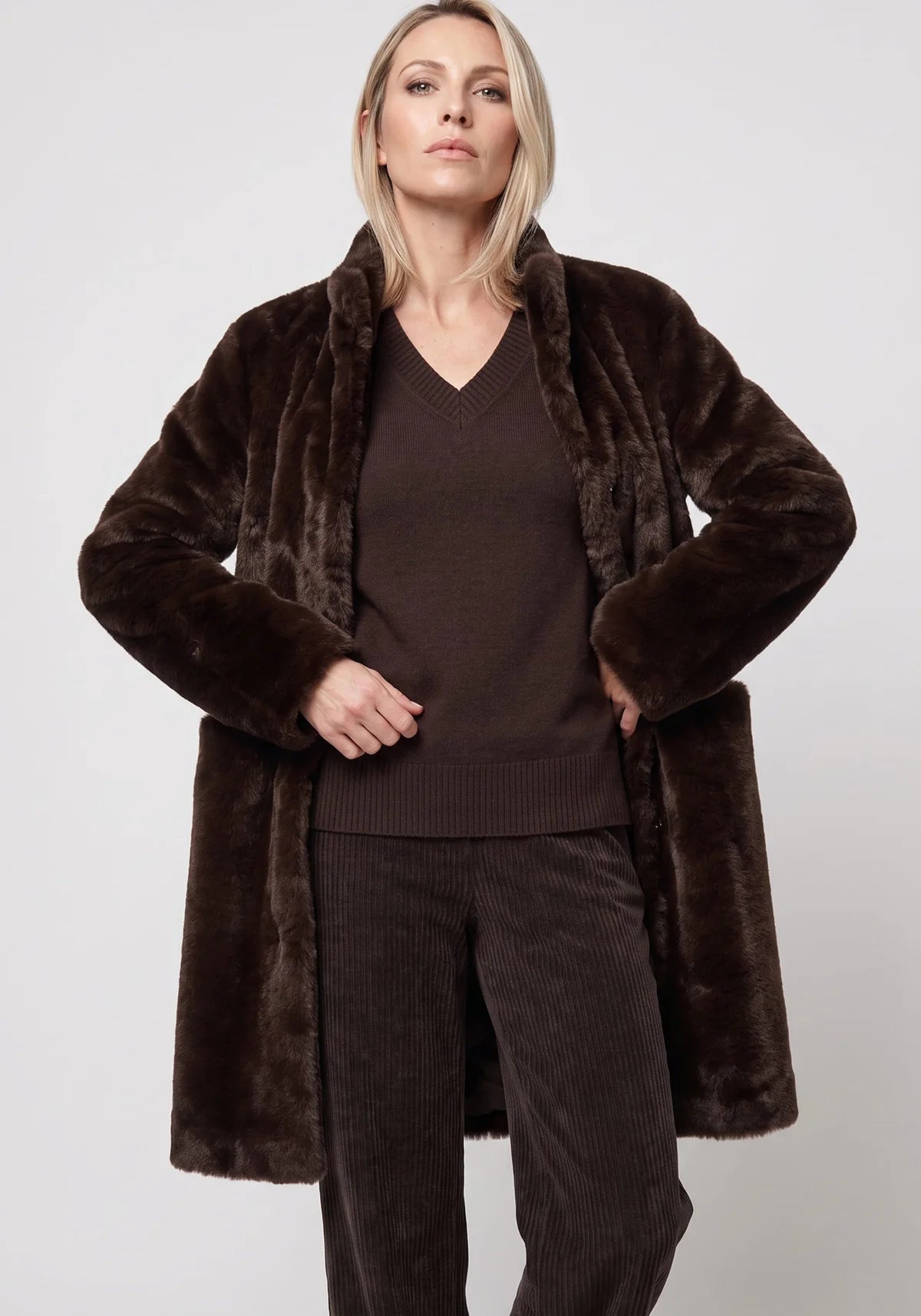 Faux Fur Coat in Coffee Bean