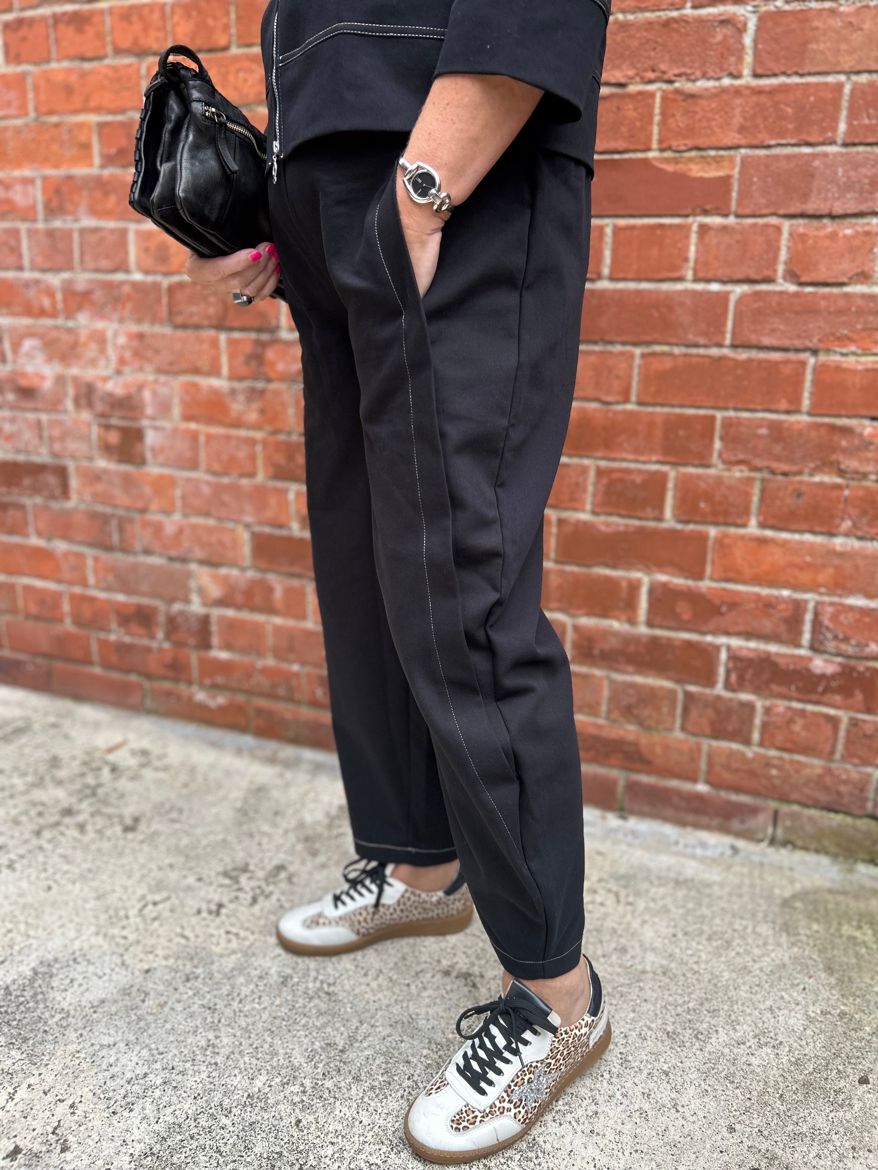 Stretch Denim-Style Barrel Leg Trousers in Black