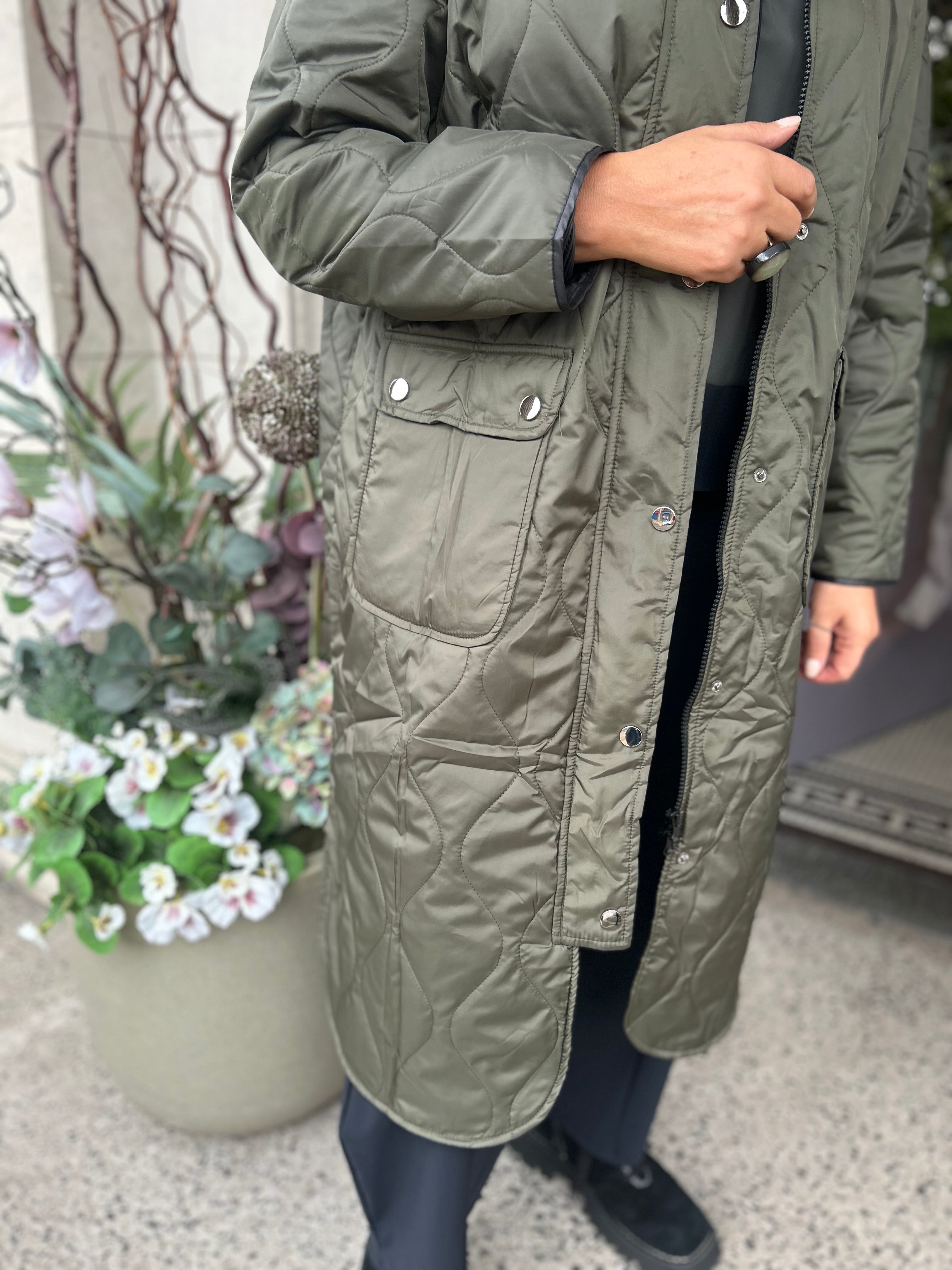 Padded Coat With Pocket And Stud Detail in Thyme