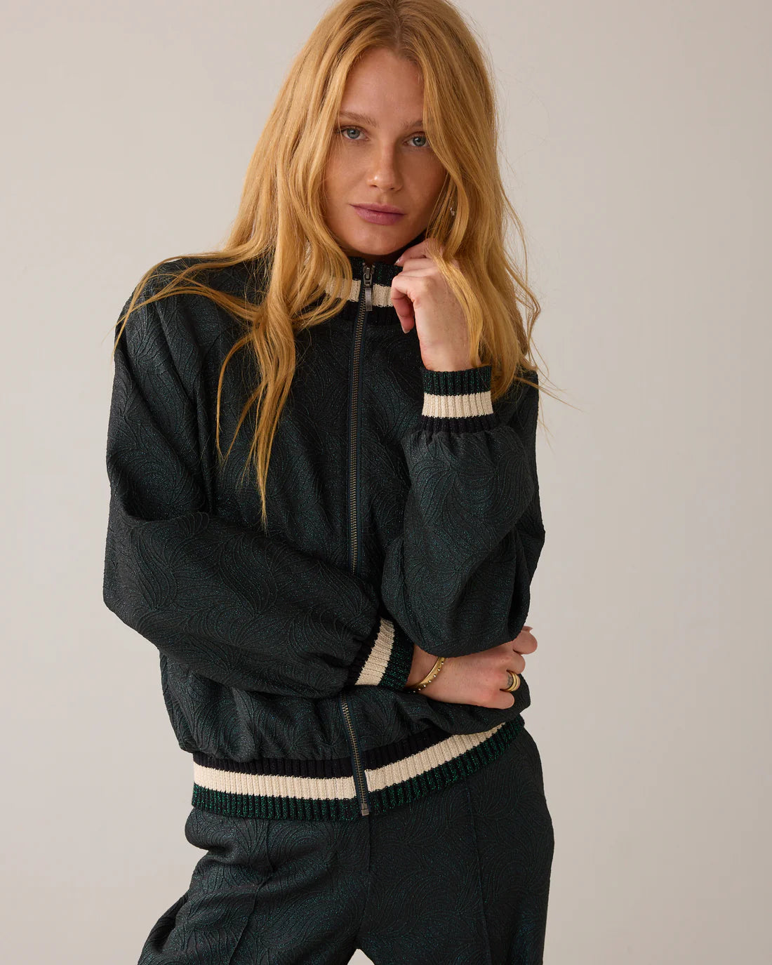 Glitter Jacquard Bomber Jacket in Emerald green